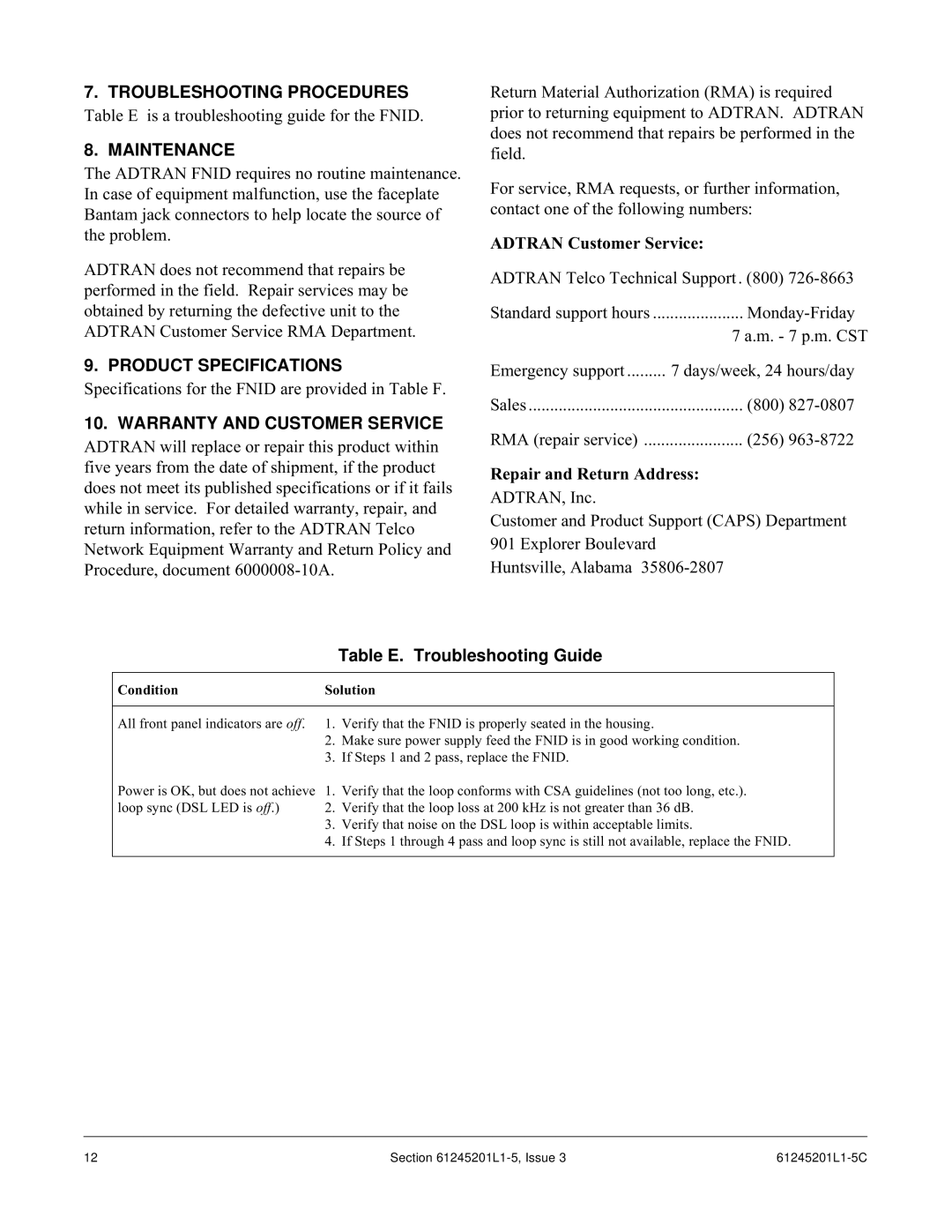 ADTRAN T200 FNID Troubleshooting Procedures, Maintenance, Product Specifications, Warranty and Customer Service 