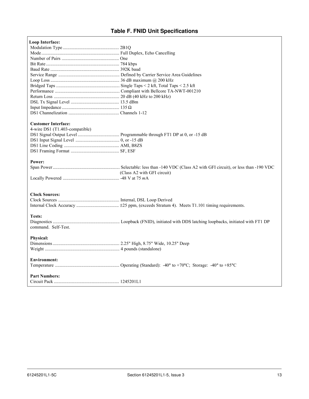 ADTRAN T200 FNID specifications Table F. Fnid Unit Specifications 