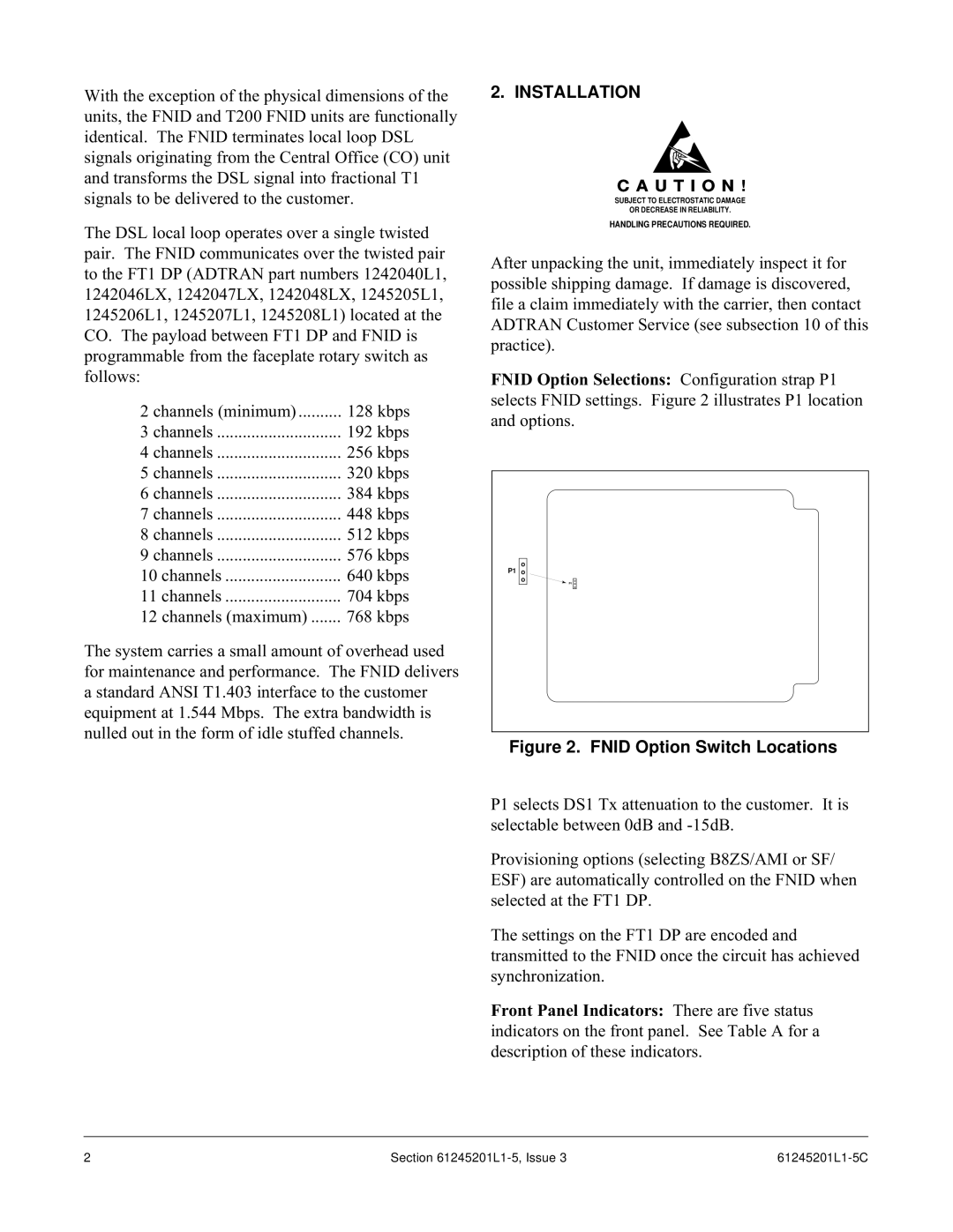 ADTRAN T200 FNID specifications Installation, Fnid Option Switch Locations 