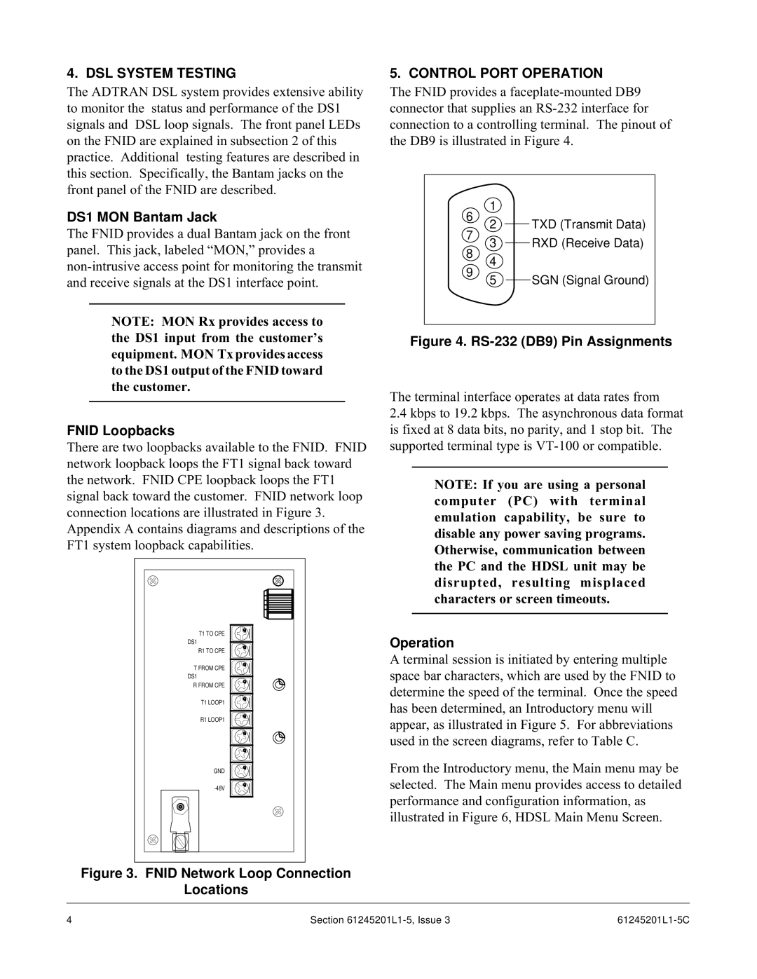 ADTRAN T200 FNID specifications DSL System Testing, Control Port Operation, DS1 MON Bantam Jack, Fnid Loopbacks 