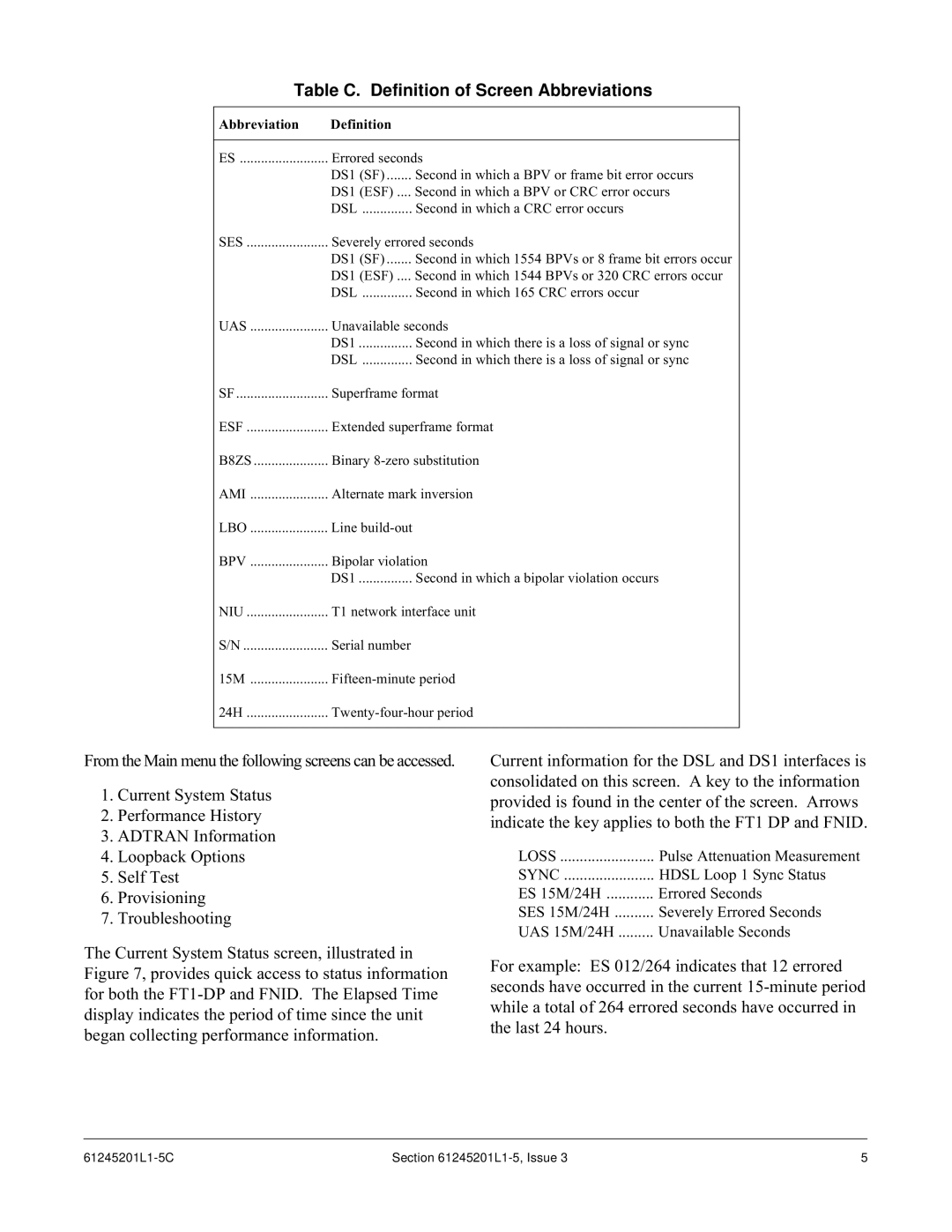 ADTRAN T200 FNID specifications Table C. Definition of Screen Abbreviations, Abbreviation Definition 