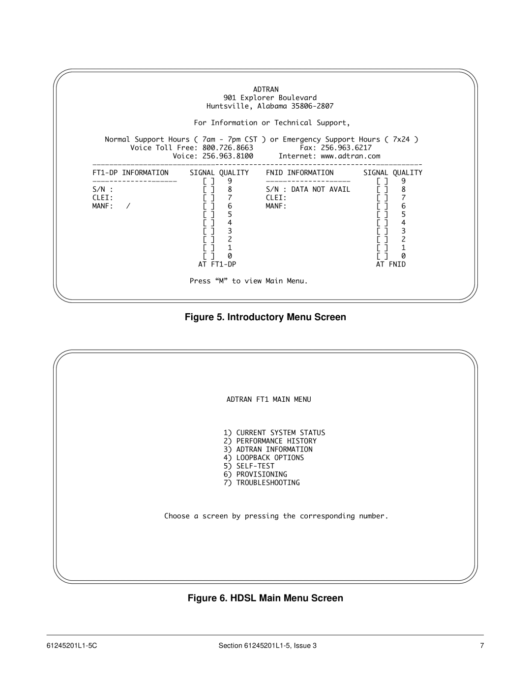 ADTRAN T200 FNID specifications Introductory Menu Screen 