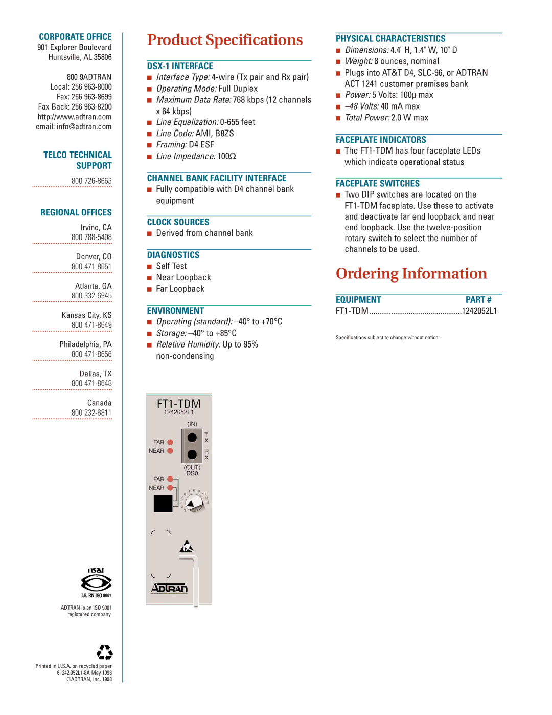 ADTRAN FT1-TDM manual Corporate Office, Regional Offices, DSX-1 Interface, Channel Bank Facility Interface, Clock Sources 