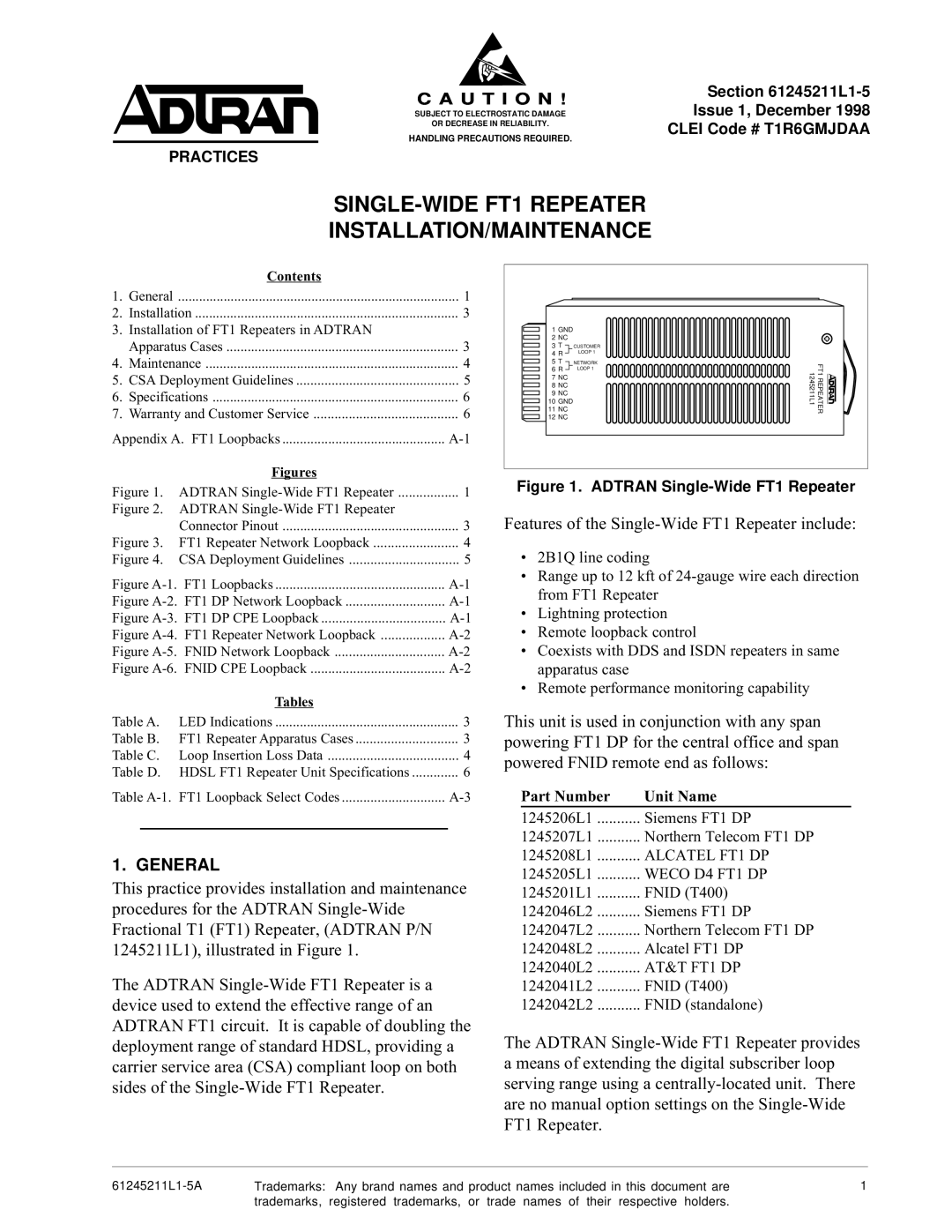 ADTRAN FT1 specifications General, L1-5, Issue 1, December, Clei Code # T1R6GMJDAA 