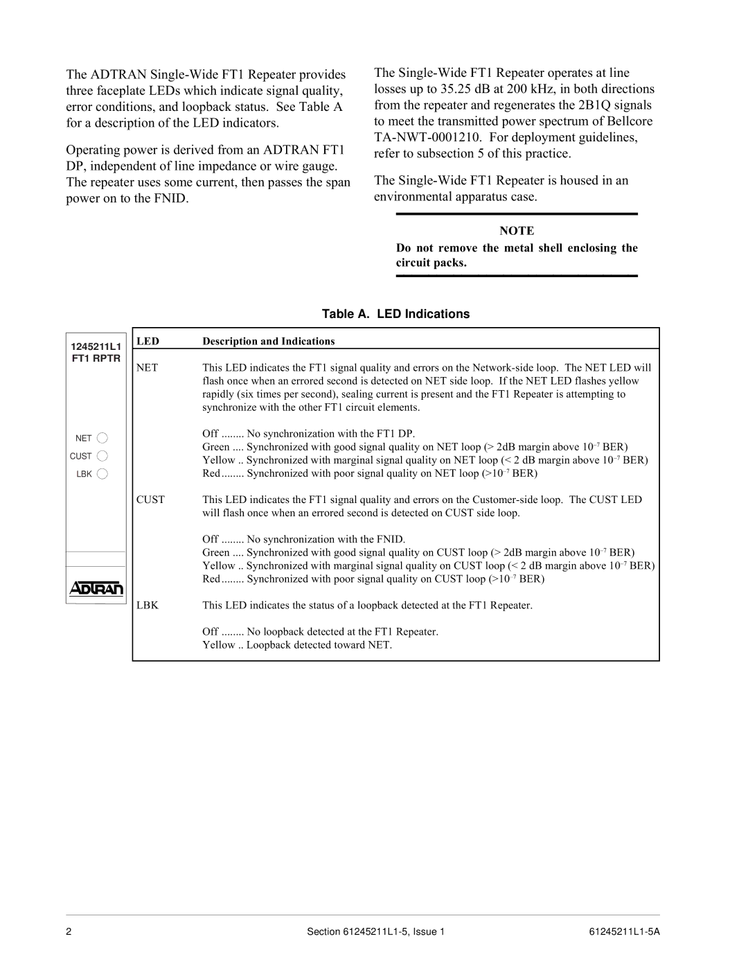 ADTRAN FT1 specifications Table A. LED Indications, Description and Indications 