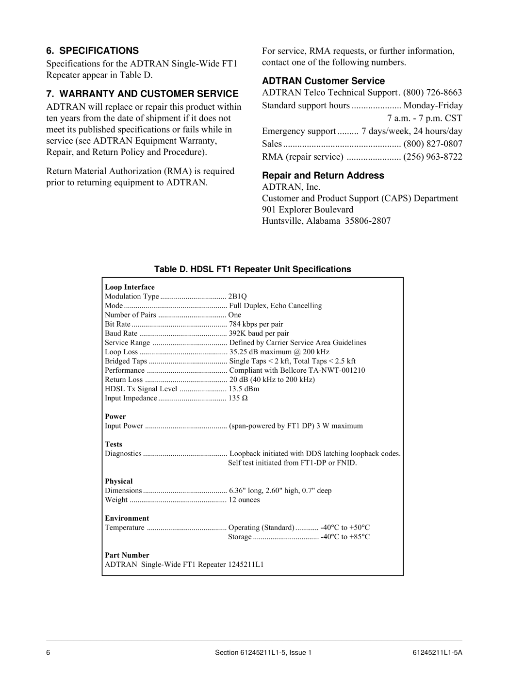 ADTRAN FT1 specifications Specifications, Warranty and Customer Service, Adtran Customer Service, Repair and Return Address 