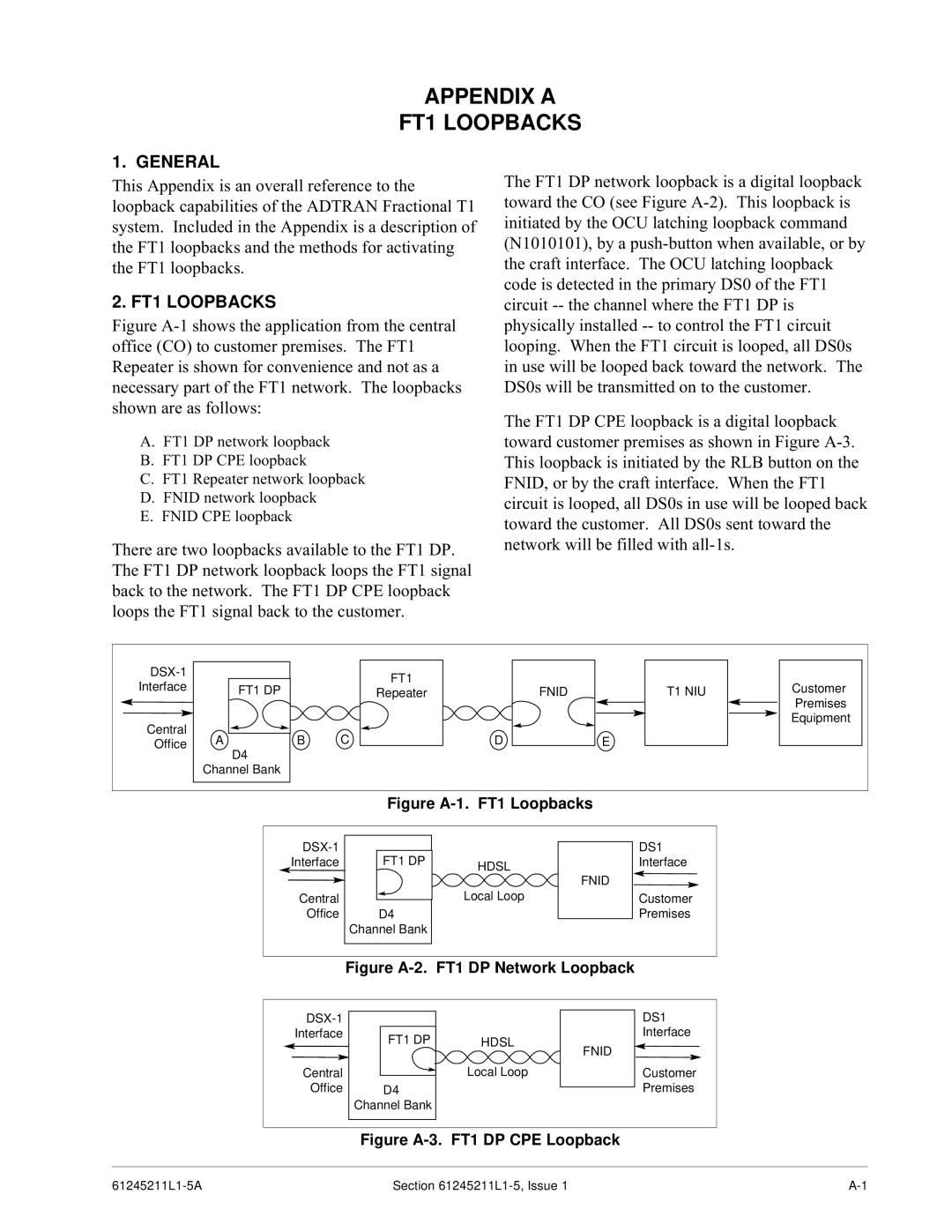 ADTRAN specifications Figure A-1. FT1 Loopbacks 