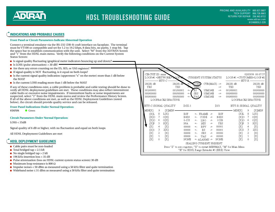 ADTRAN HDSL HTU-C/DDM+ warranty Indications and Probable Causes, Hdsl Deployment Guidelines 