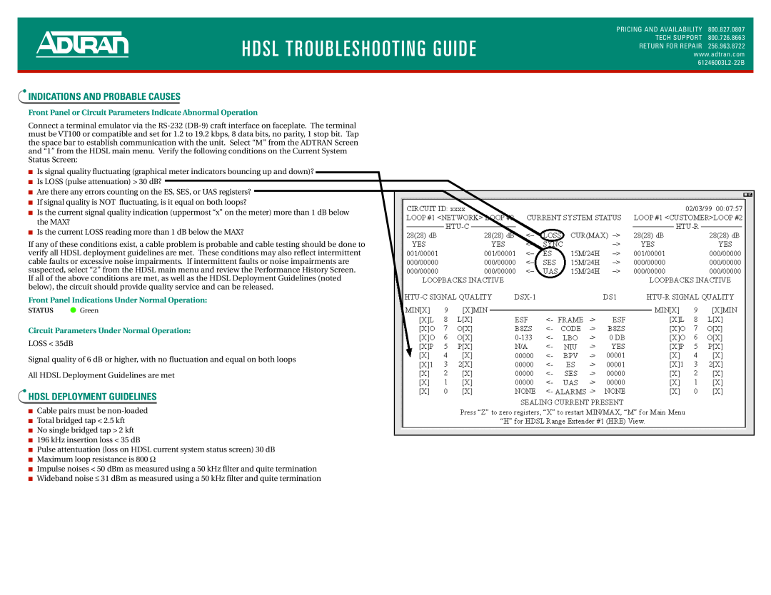 ADTRAN HDSL HTU-C/DDM+ warranty Hdsl Troubleshooting Guide, Indications And Probable Causes, Hdsl Deployment Guidelines 
