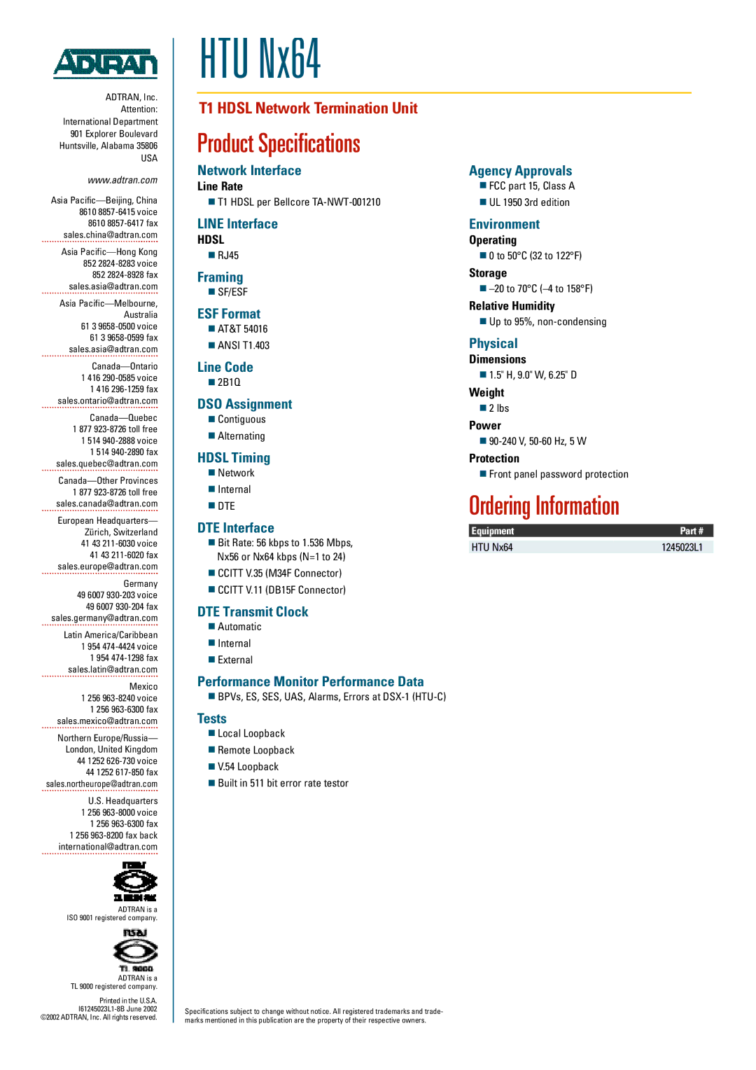 ADTRAN HTU Nx64 warranty Product Specifications, Ordering Information 