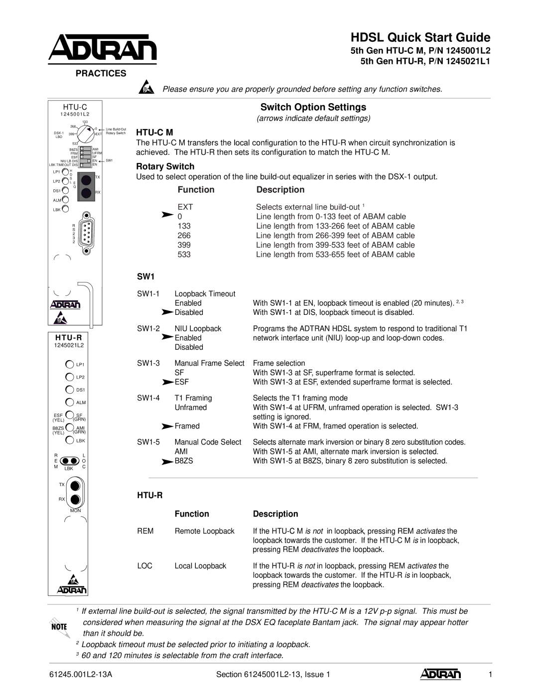 ADTRAN HTU-C M, HTU-R quick start Practices, Htu-C M, SW1 