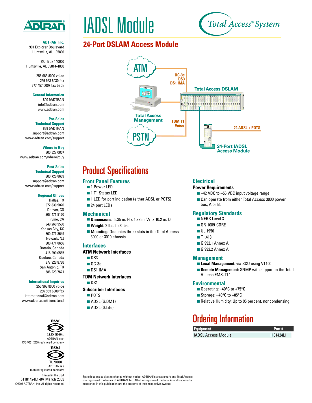 ADTRAN IADSL Module warranty Front Panel Features Electrical, Mechanical, Interfaces, Regulatory Standards, Management 