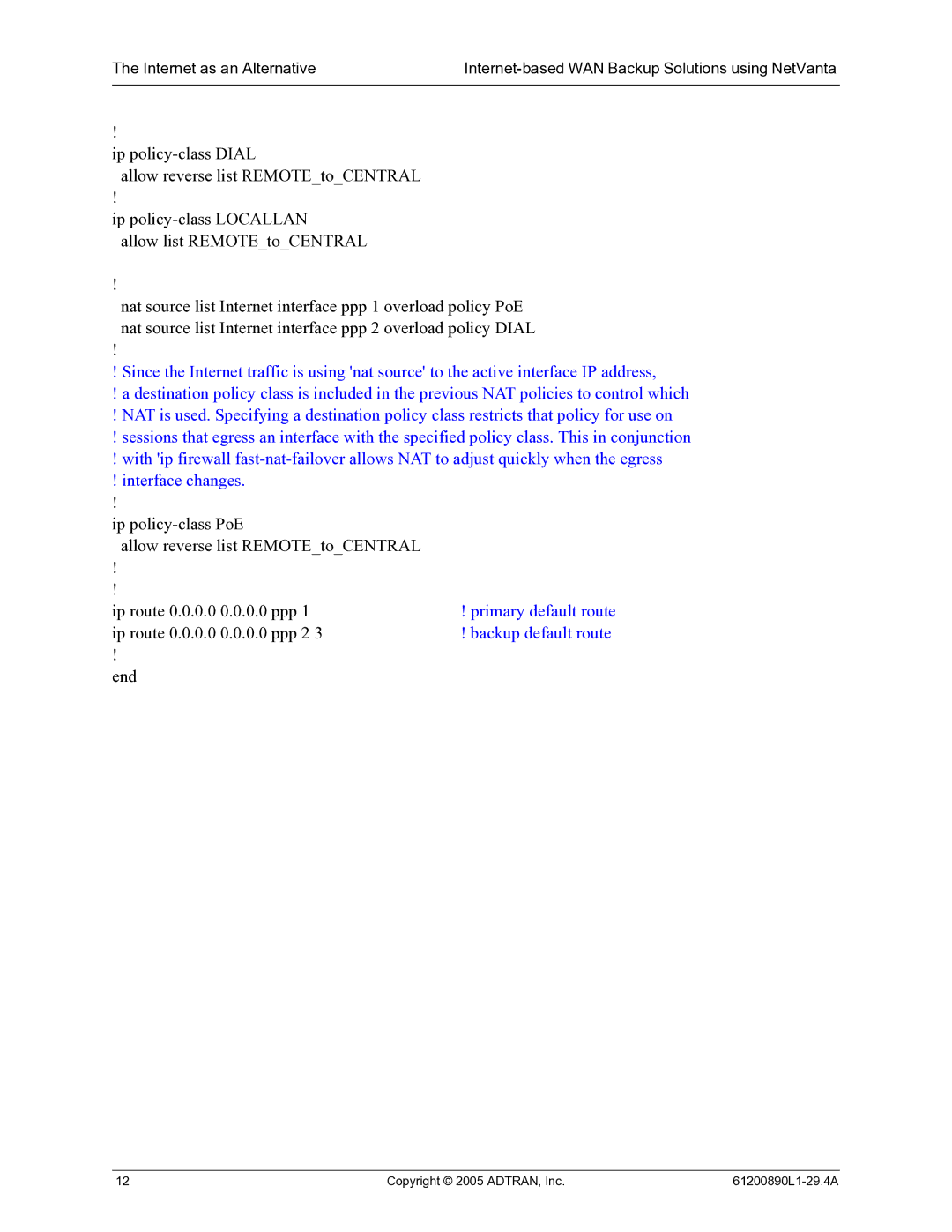 ADTRAN Internet-Based WAN Backup manual Primary default route 