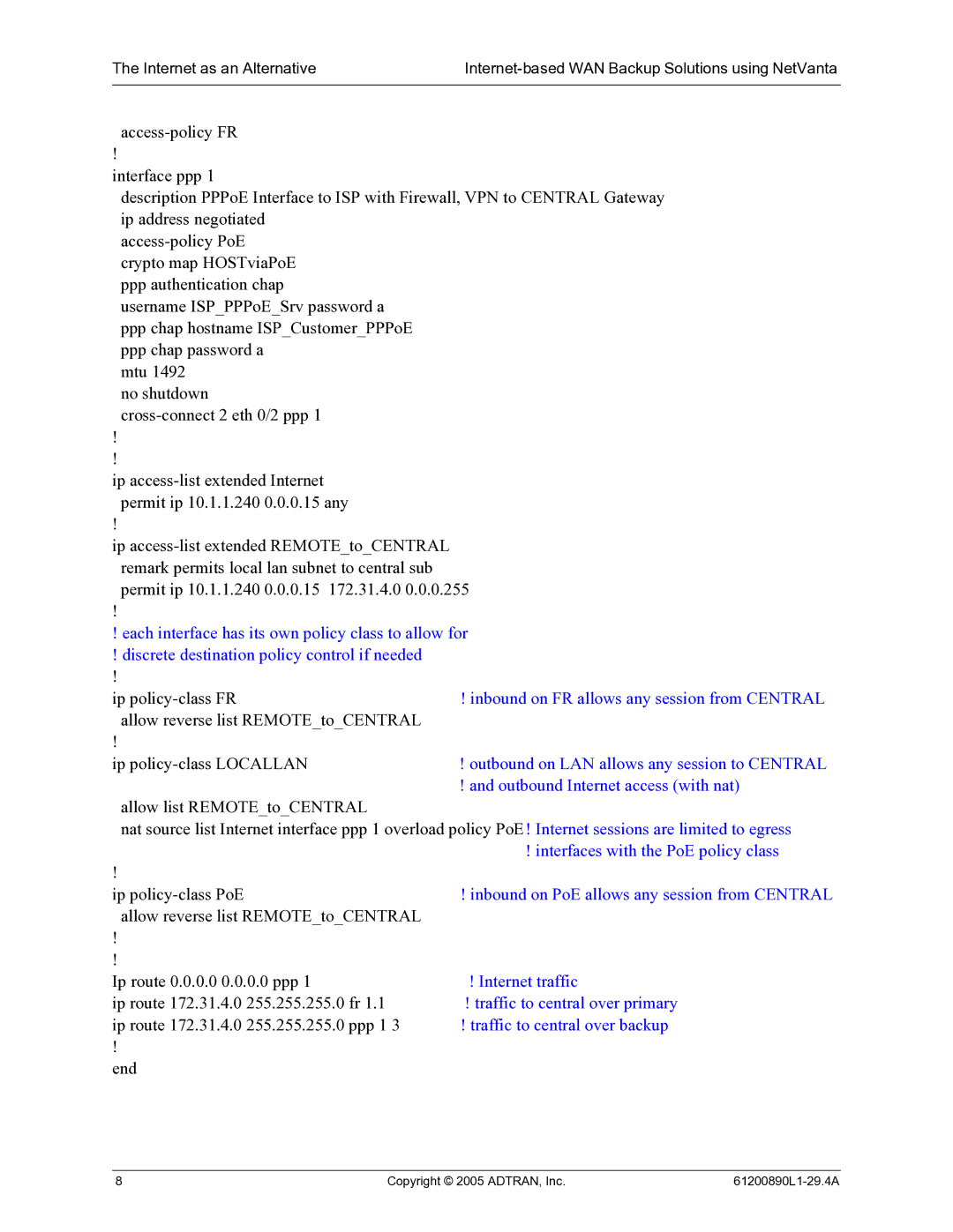 ADTRAN Internet-Based WAN Backup manual Inbound on PoE allows any session from Central 