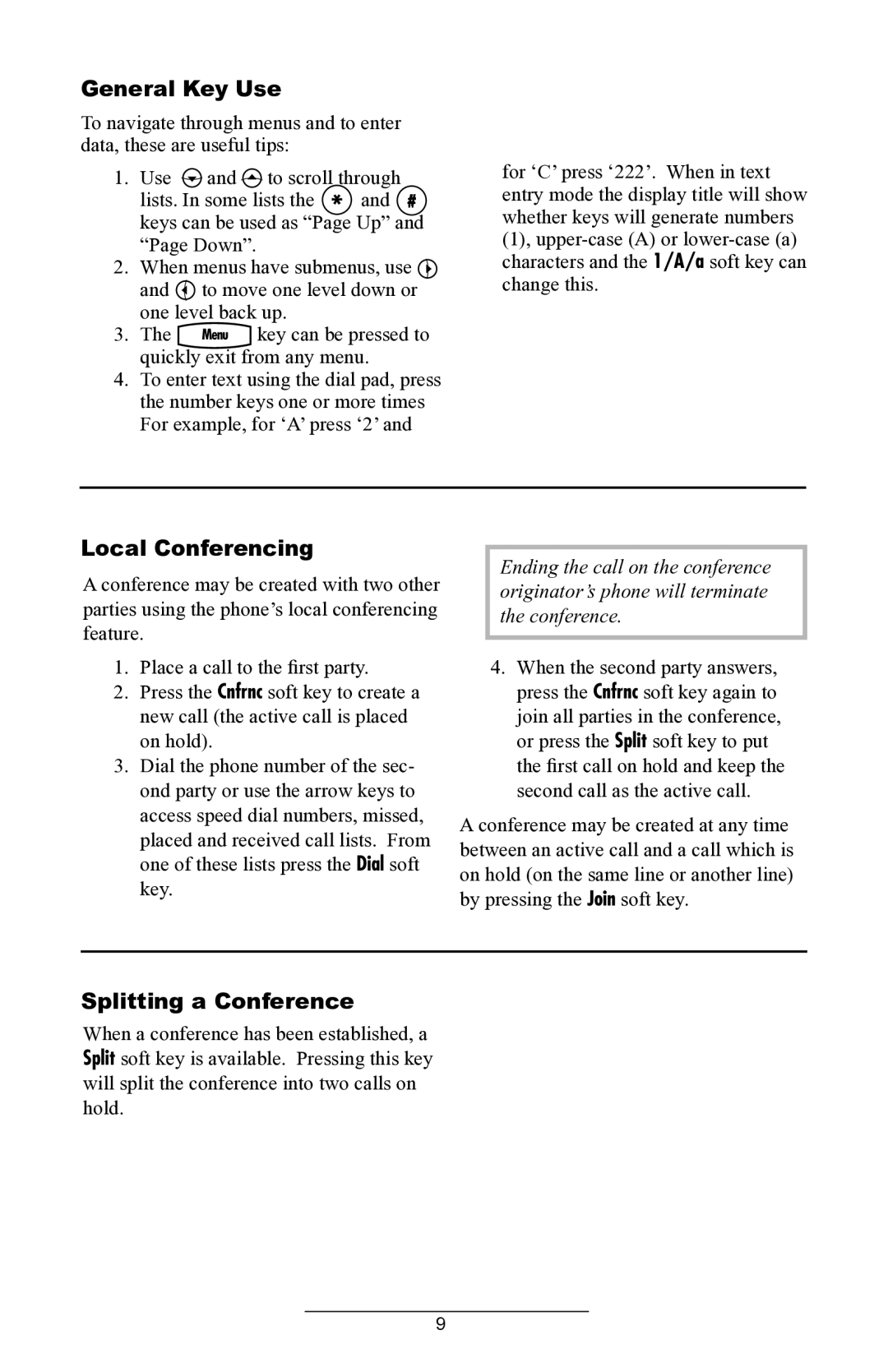 ADTRAN IP 430 manual General Key Use, Local Conferencing, Splitting a Conference 