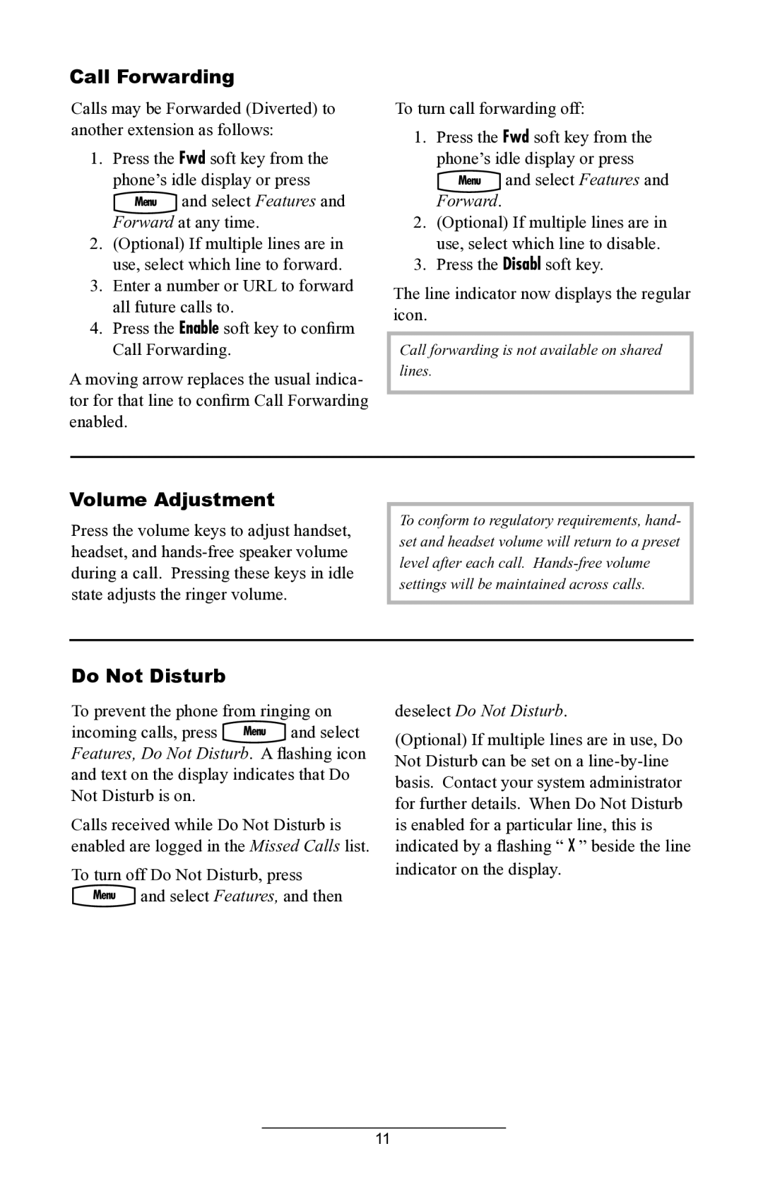 ADTRAN IP 430 manual Call Forwarding, Volume Adjustment, Deselect Do Not Disturb 