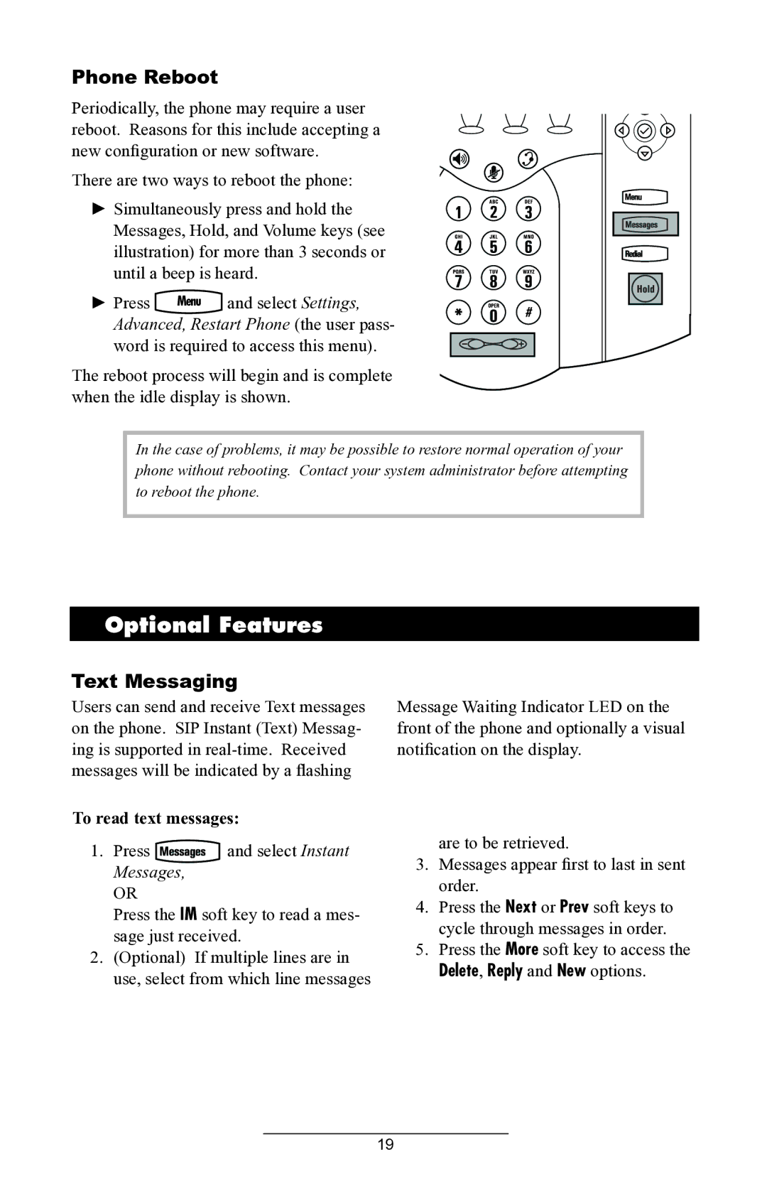 ADTRAN IP 430 manual Optional Features, Phone Reboot, Text Messaging, To read text messages, Delete, Reply and New options 