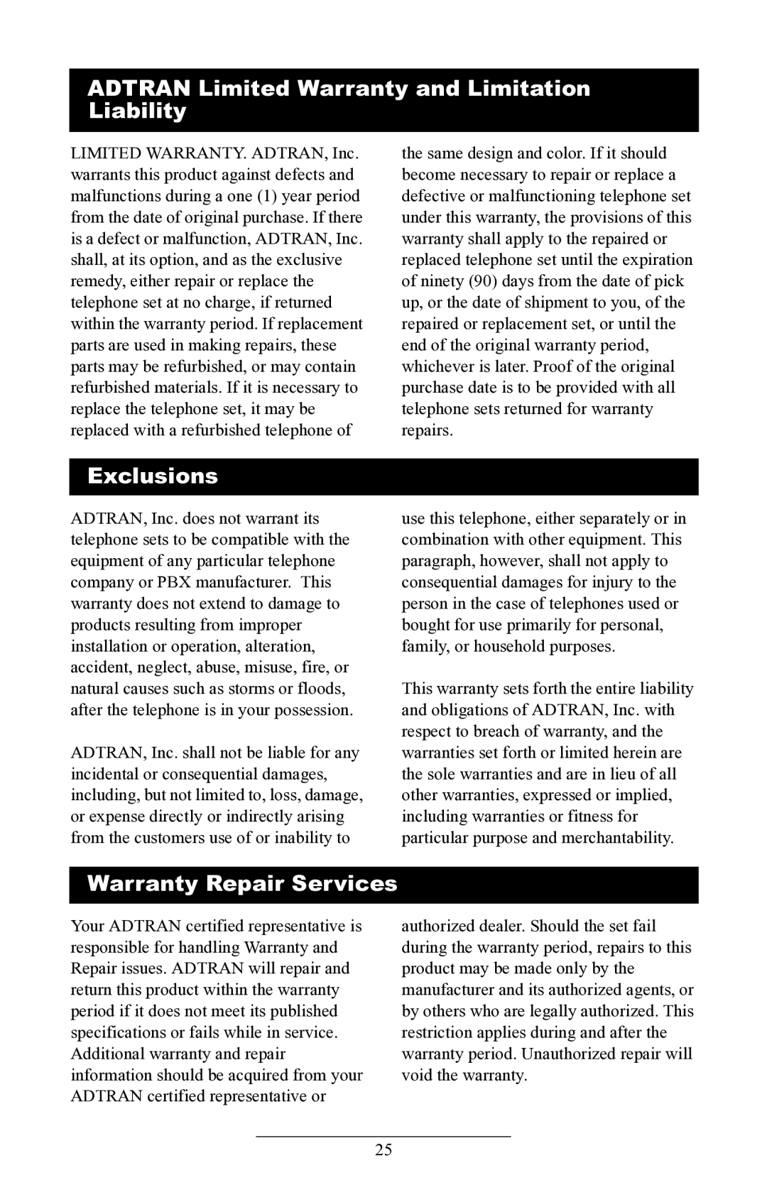 ADTRAN IP 430 manual Adtran Limited Warranty and Limitation Liability, Exclusions, Warranty Repair Services 