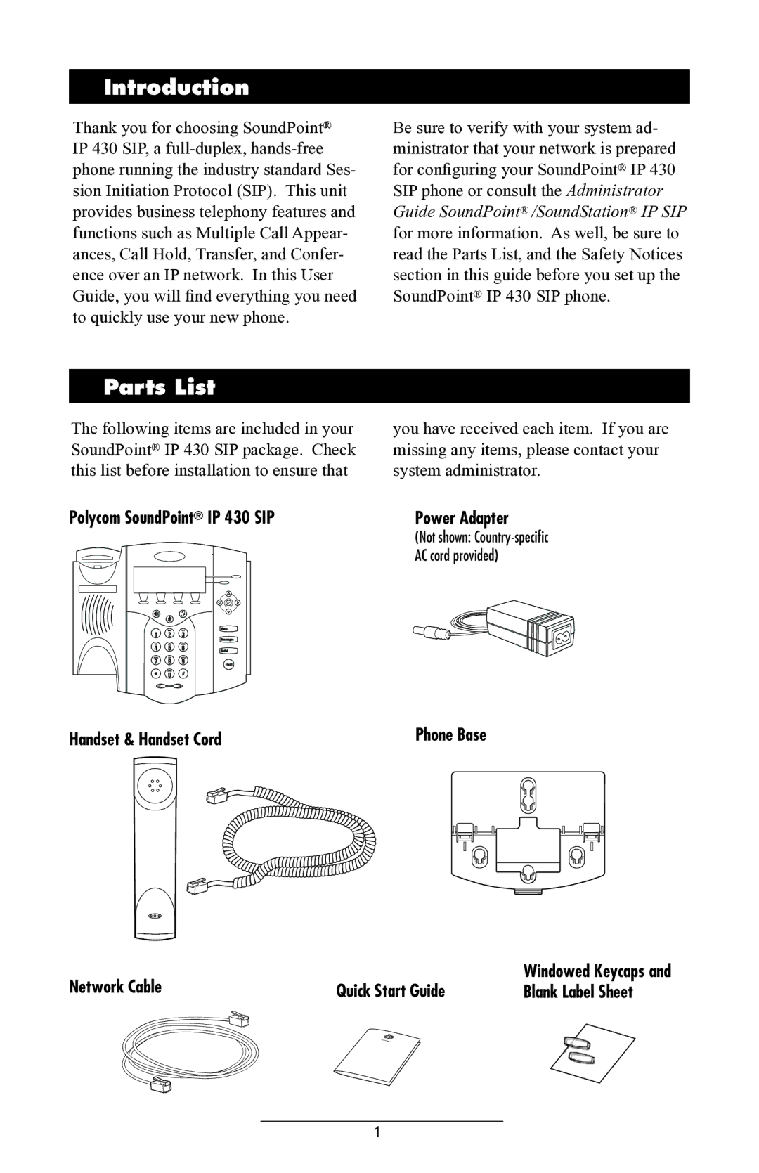 ADTRAN IP 430 manual Introduction, Parts List 