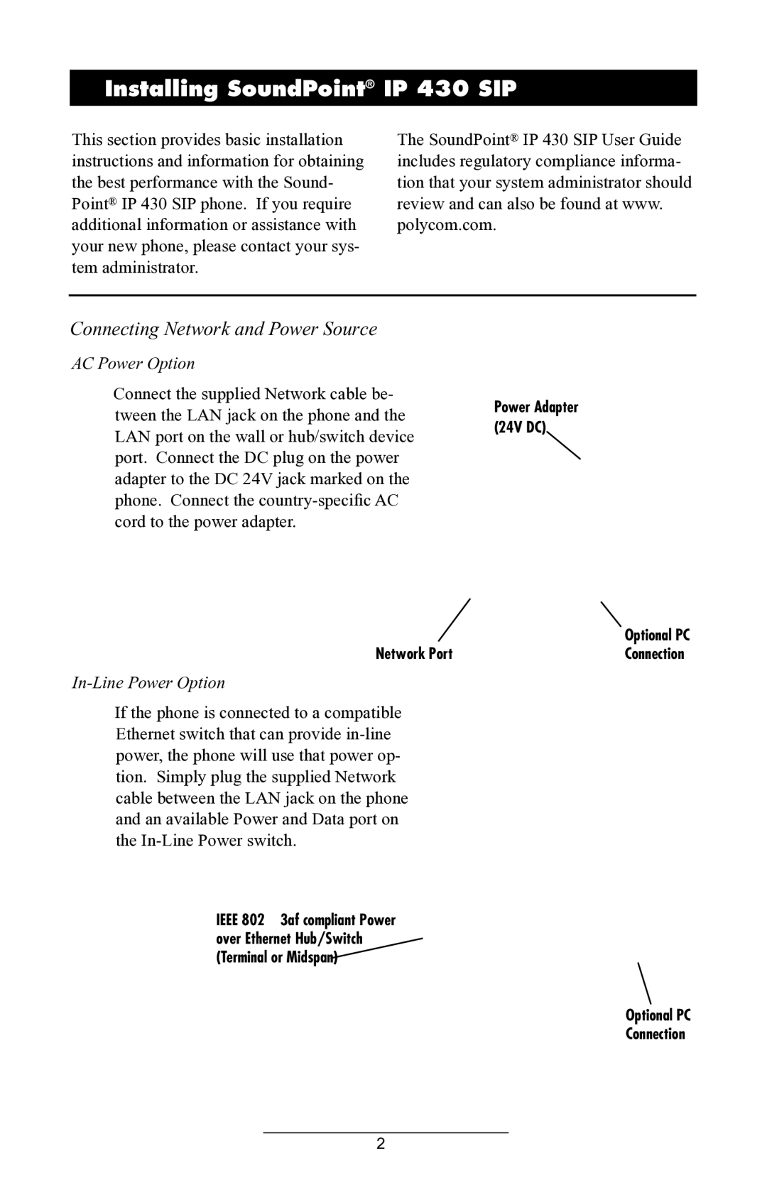 ADTRAN Installing SoundPoint IP 430 SIP, Connecting Network and Power Source, AC Power Option, In-Line Power Option 