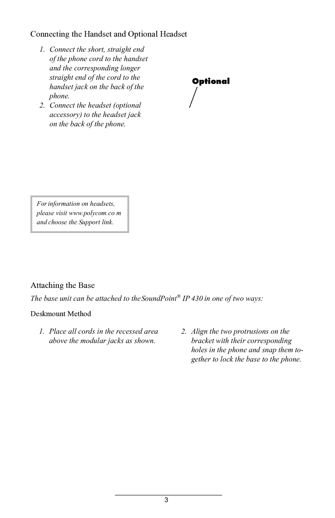 ADTRAN IP 430 manual Connecting the Handset and Optional Headset, Attaching the Base, Deskmount Method 