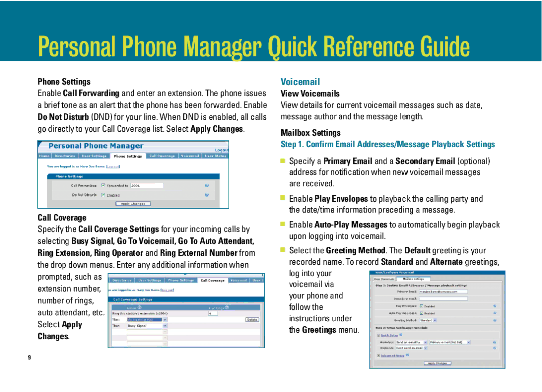 ADTRAN IP 601, IP 501, IP 650 manual Phone Settings, Call Coverage, View Voicemails, Mailbox Settings 