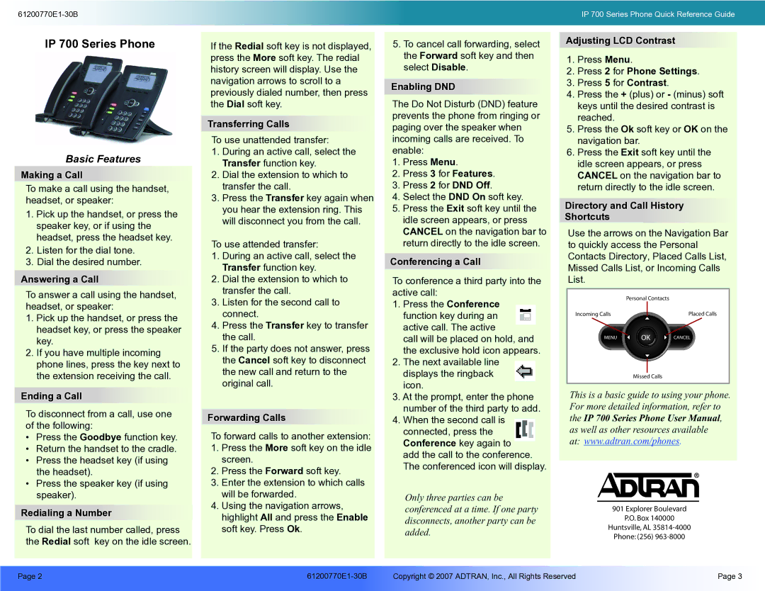 ADTRAN IP 700 user manual Making a Call, Answering a Call, Ending a Call, Redialing a Number, Transferring Calls 