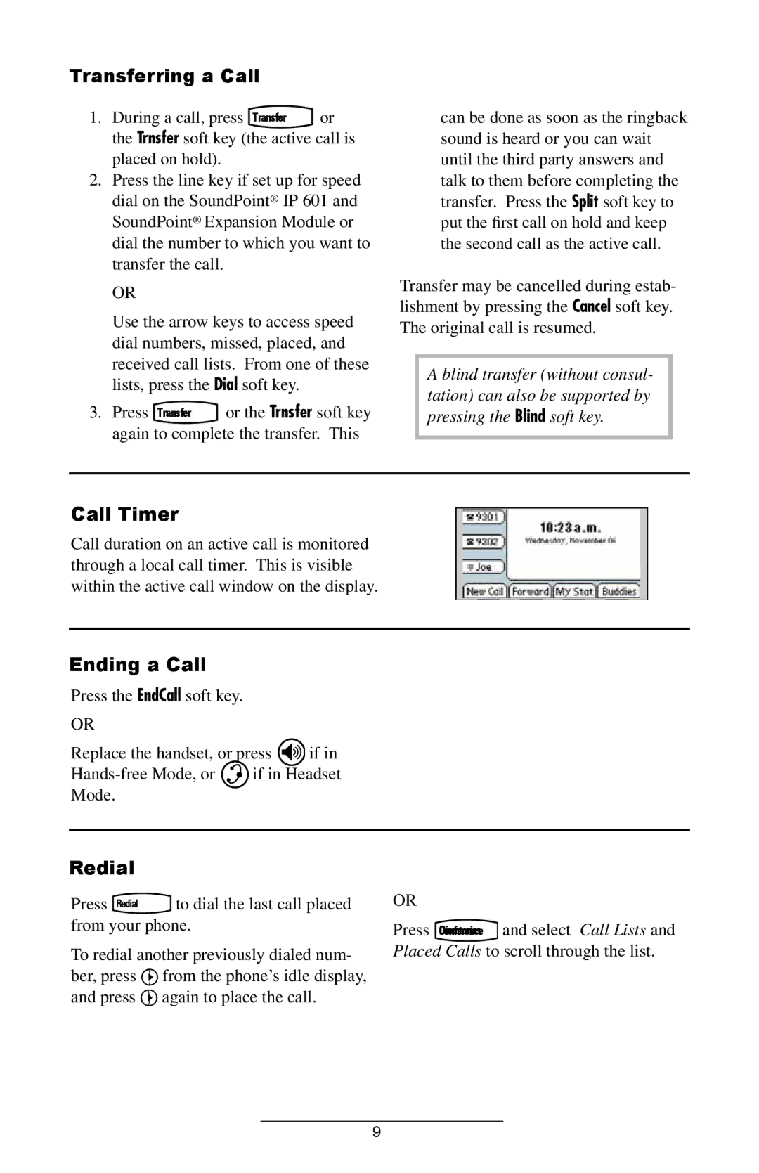 ADTRAN IP601SIP manual Transferring a Call, Call Timer, Ending a Call, Redial 