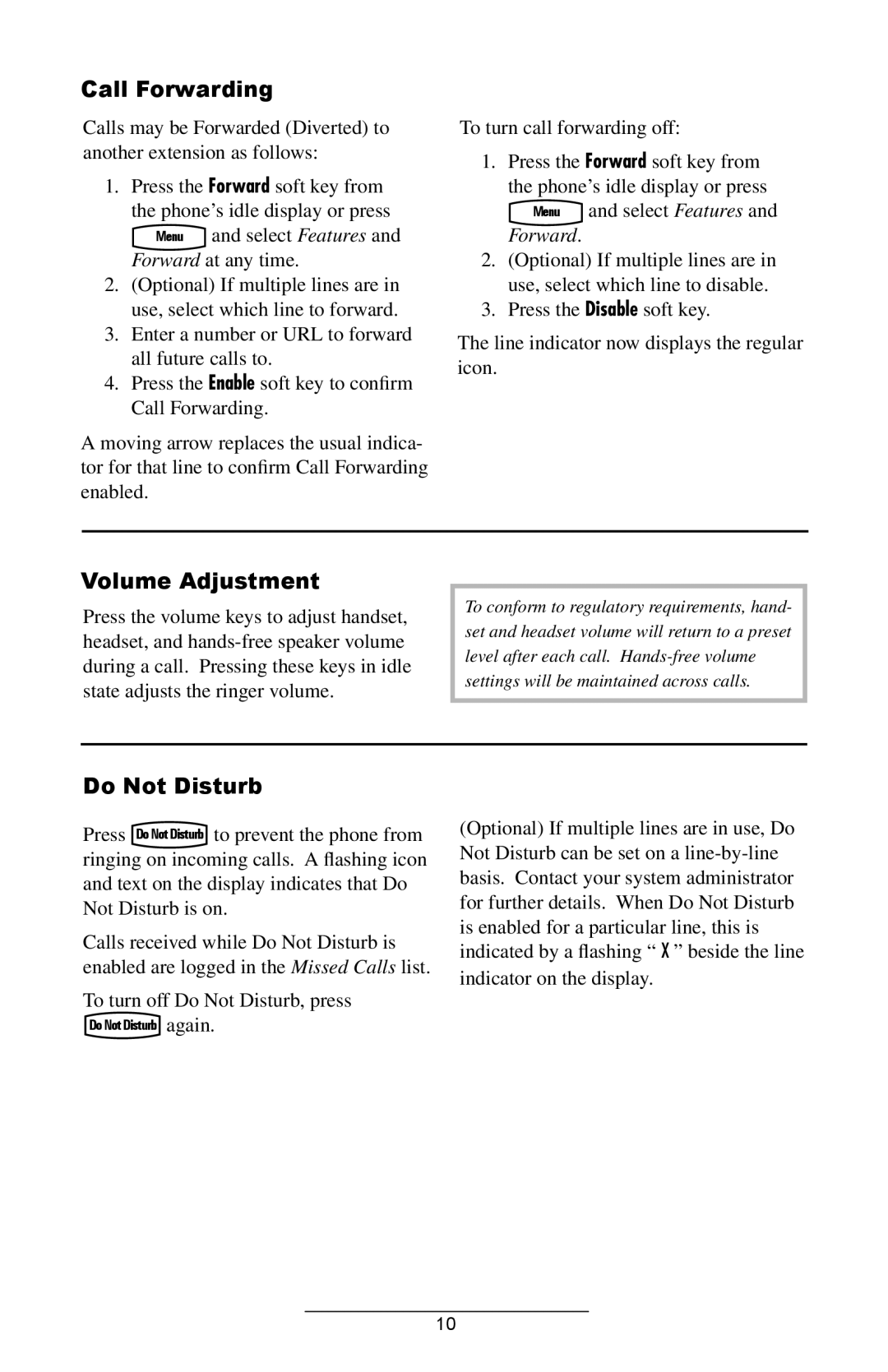 ADTRAN IP601SIP manual Call Forwarding, Volume Adjustment, Do Not Disturb 