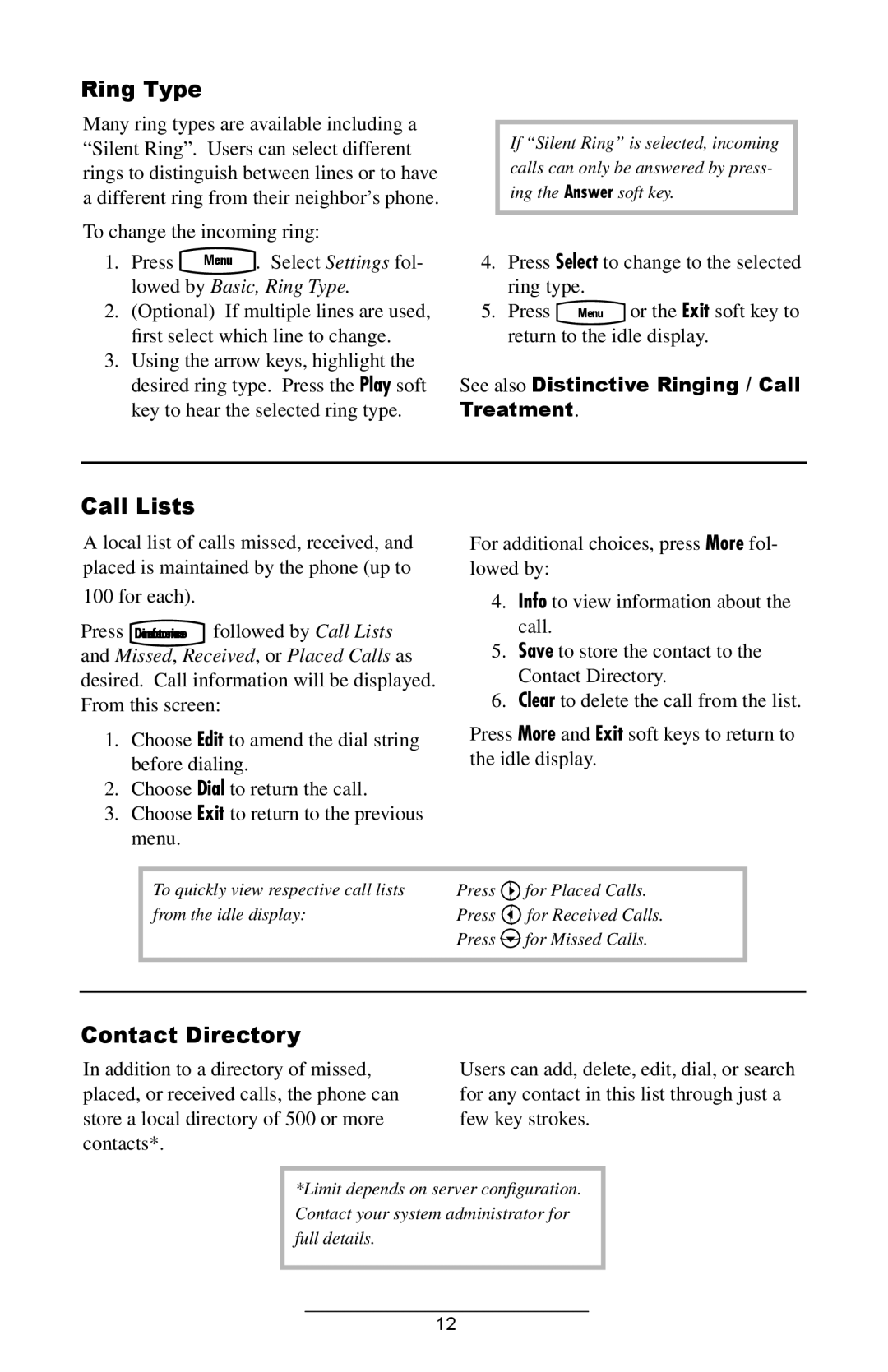 ADTRAN IP601SIP manual Call Lists, Contact Directory, Lowed by Basic, Ring Type 