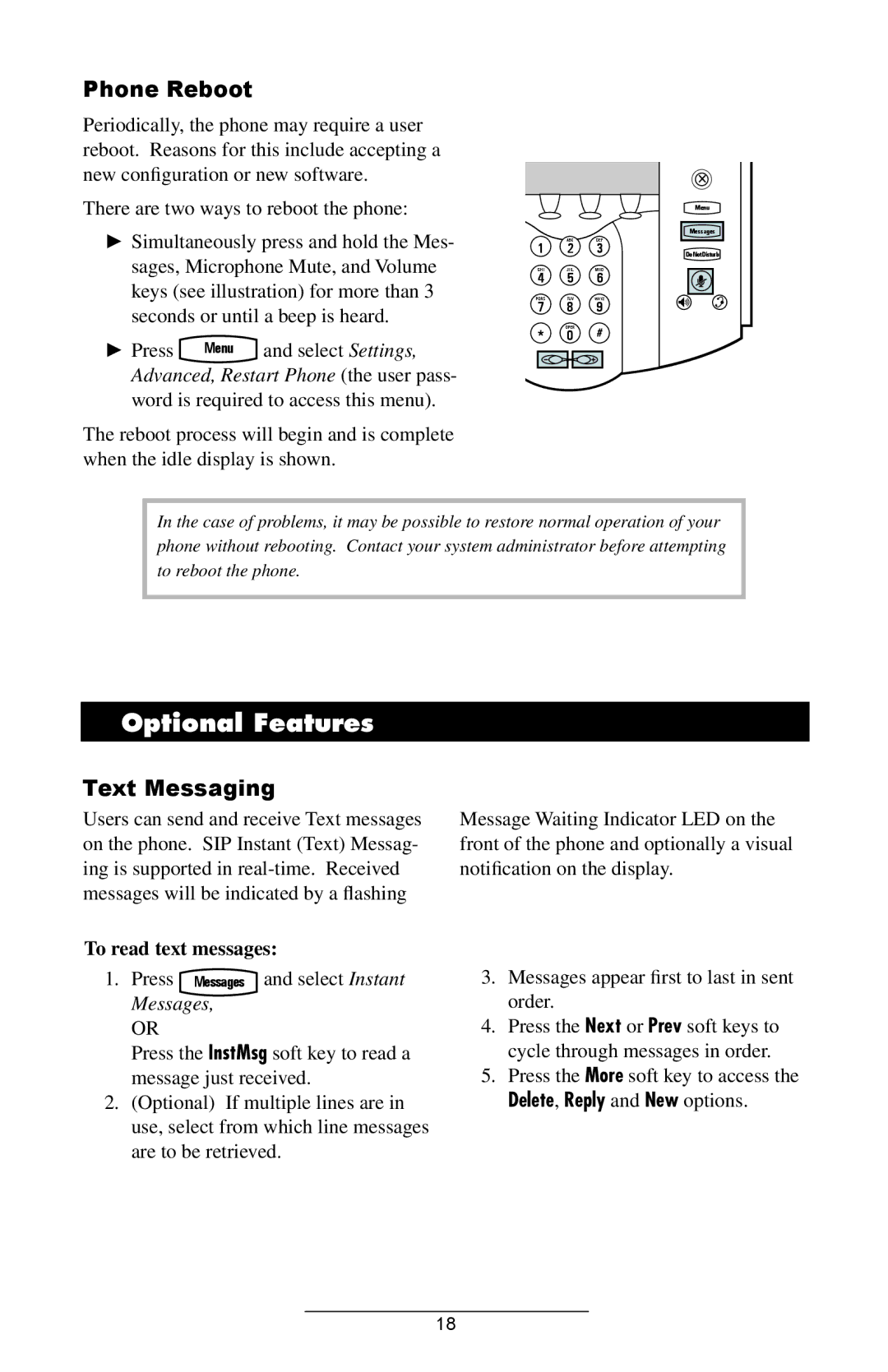 ADTRAN IP601SIP Optional Features, Phone Reboot, Text Messaging, To read text messages, Delete, Reply and New options 