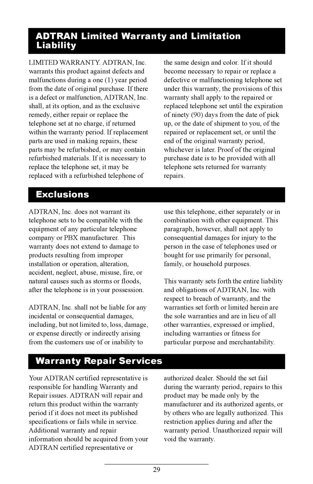 ADTRAN IP601SIP manual Adtran Limited Warranty and Limitation Liability, Exclusions, Warranty Repair Services 