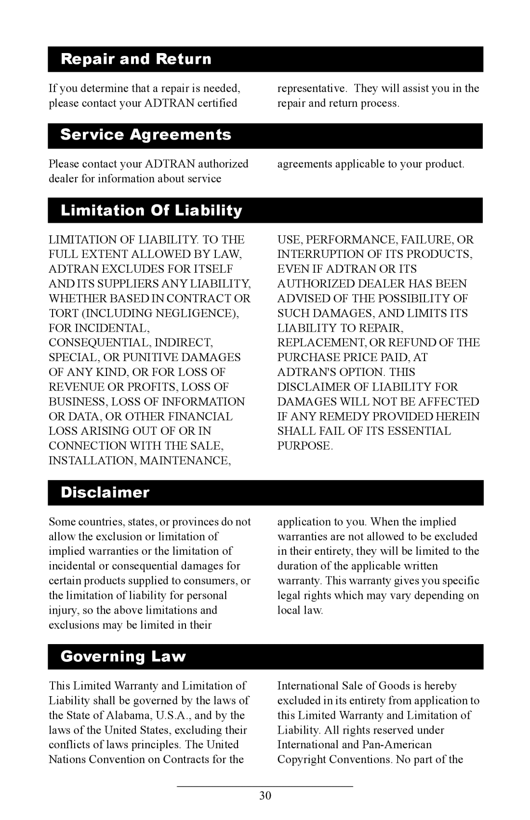 ADTRAN IP601SIP manual Repair and Return, Service Agreements, Limitation Of Liability, Disclaimer, Governing Law 