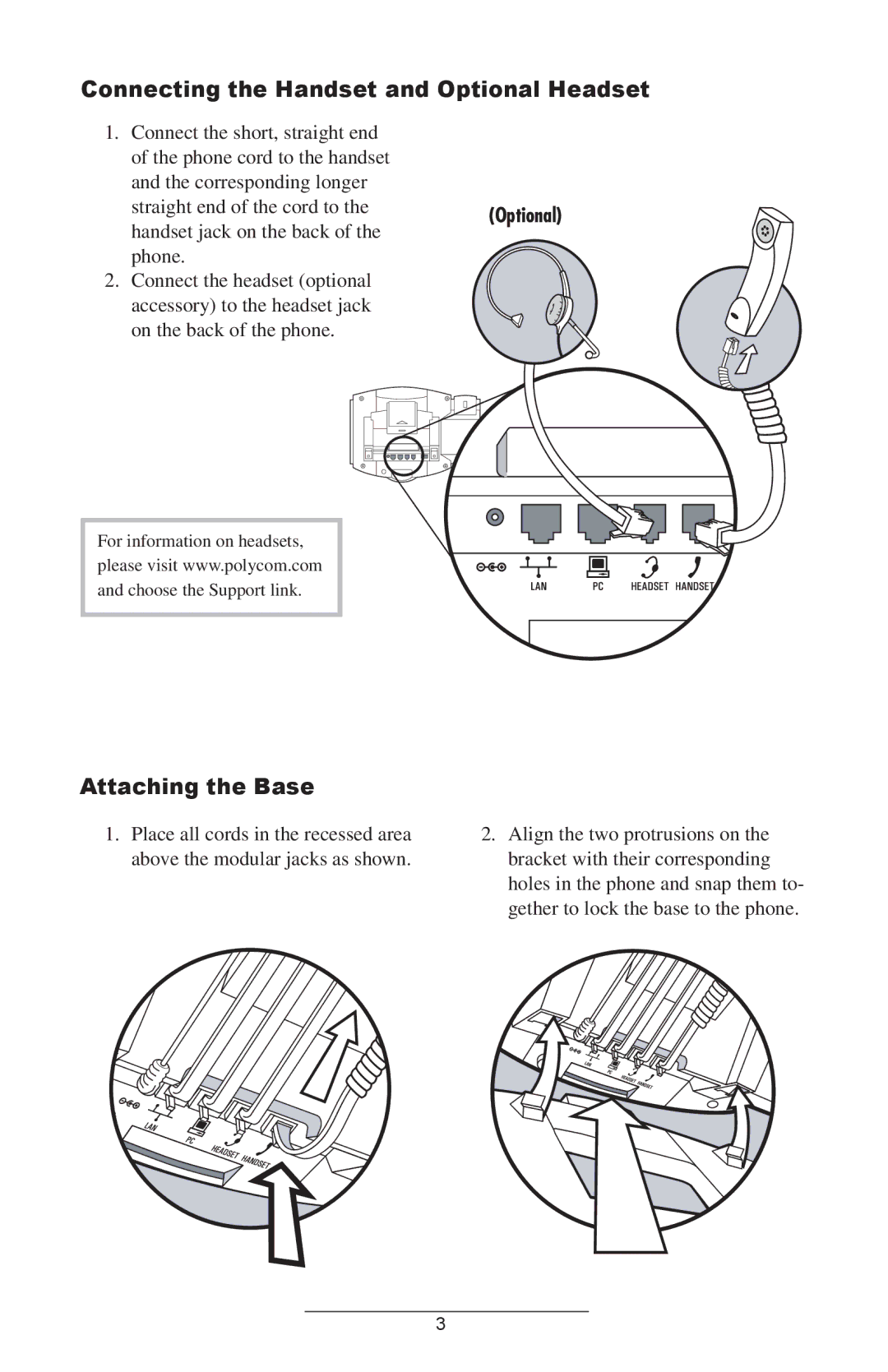 ADTRAN IP601SIP manual Connecting the Handset and Optional Headset, Attaching the Base 