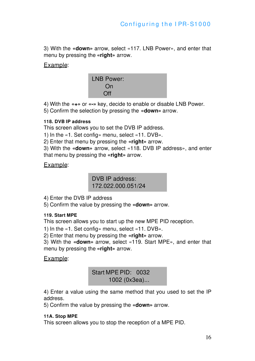 ADTRAN IPR-S1000 manual Example LNB Power Off, Example DVB IP address 172.022.000.051/24, Example Start MPE PID 1002 0x3ea 