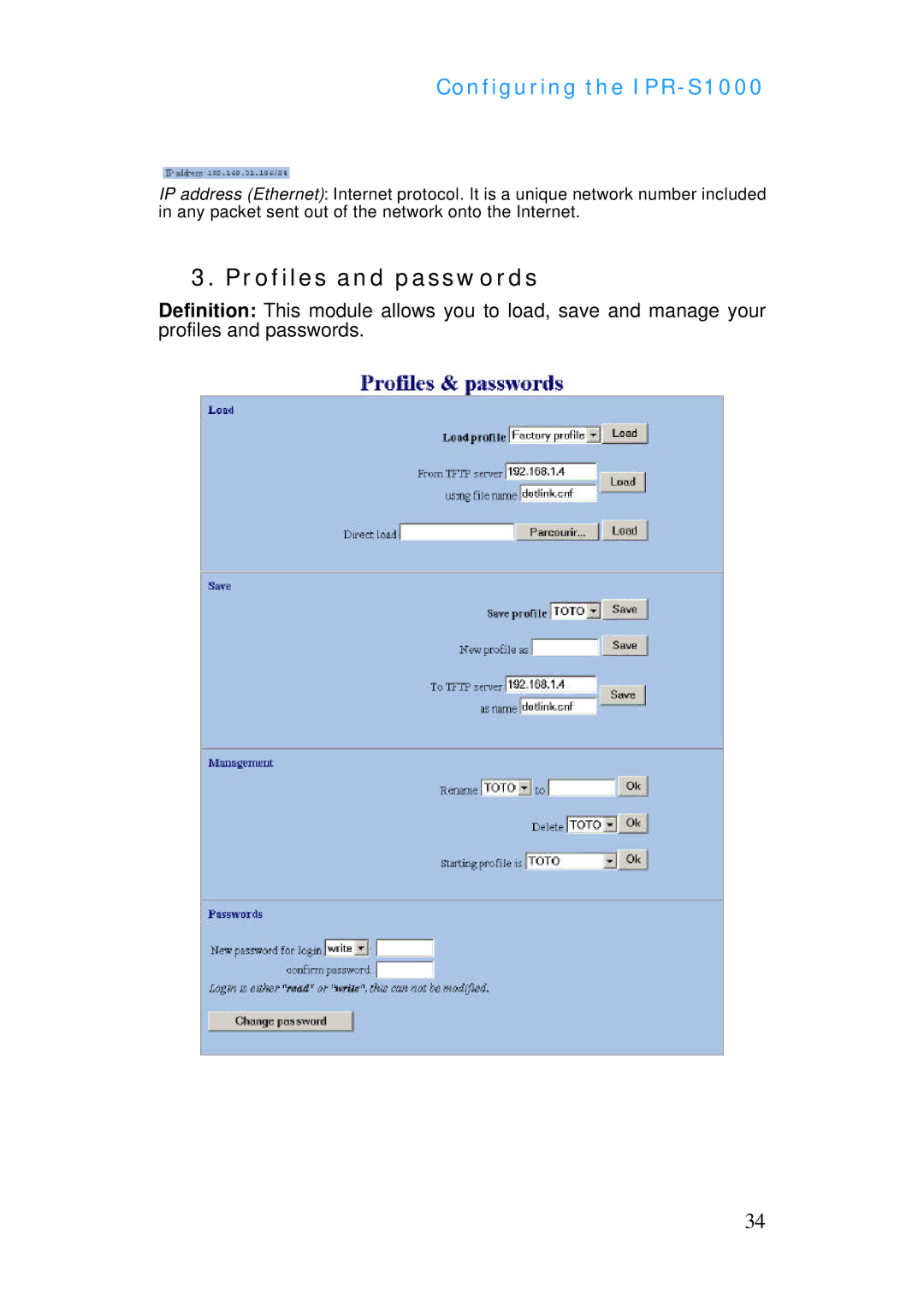 ADTRAN IPR-S1000 manual Profiles and passwords 