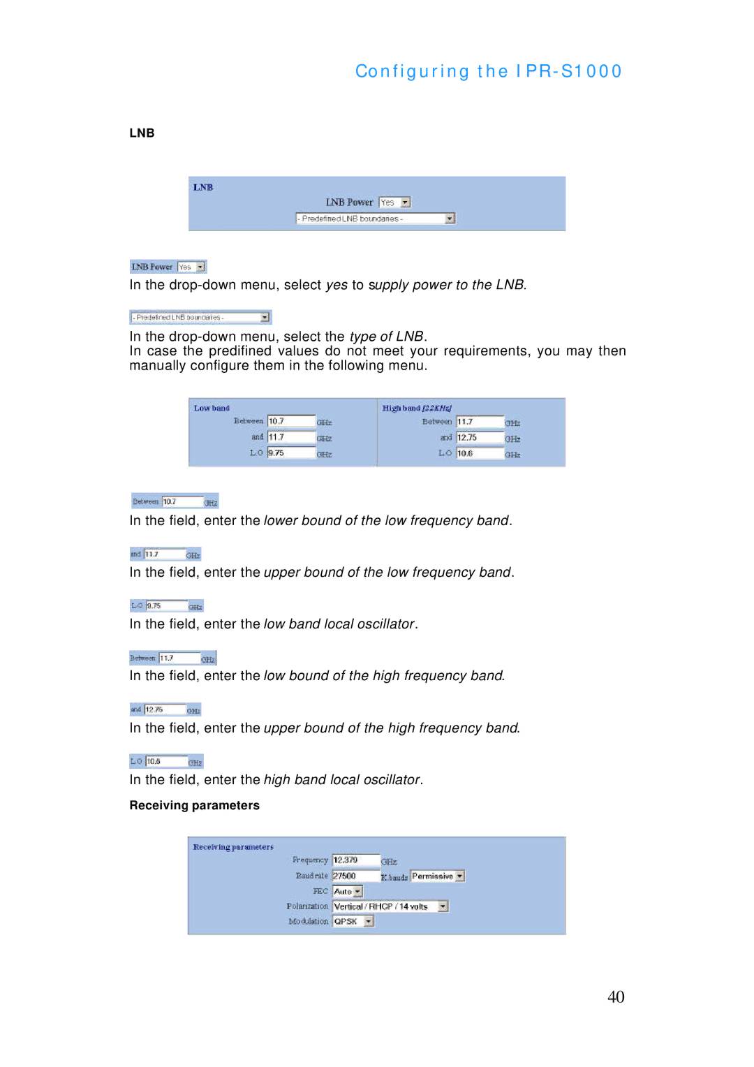 ADTRAN IPR-S1000 manual Field, enter the low band local oscillator 