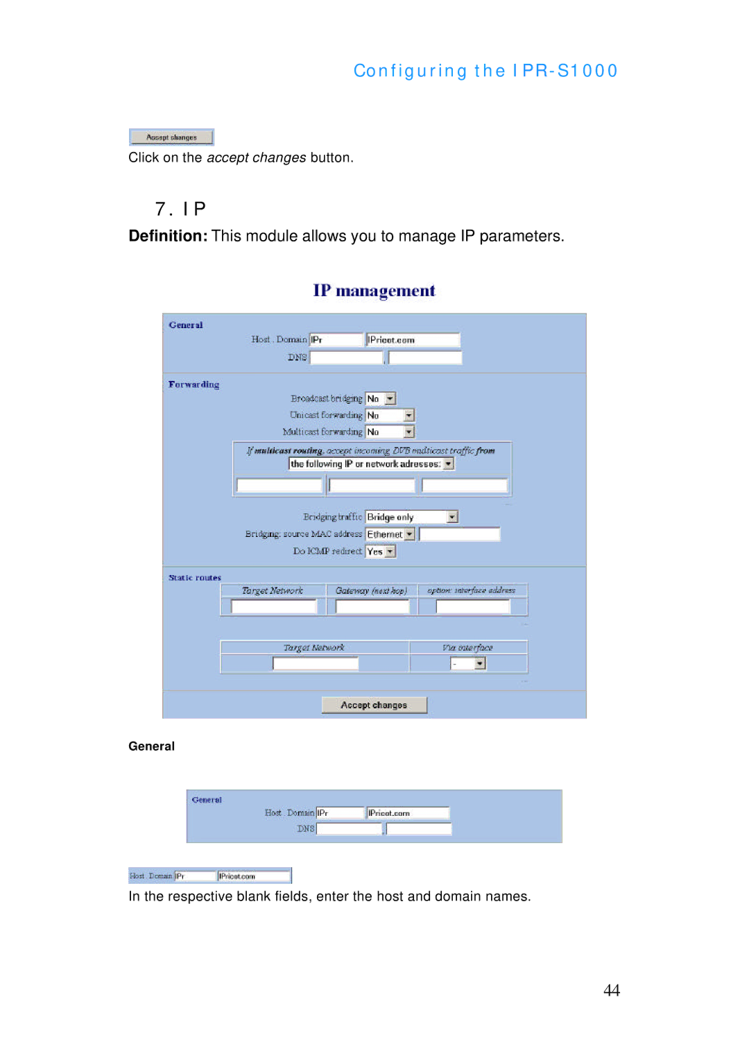 ADTRAN IPR-S1000 manual Definition This module allows you to manage IP parameters 