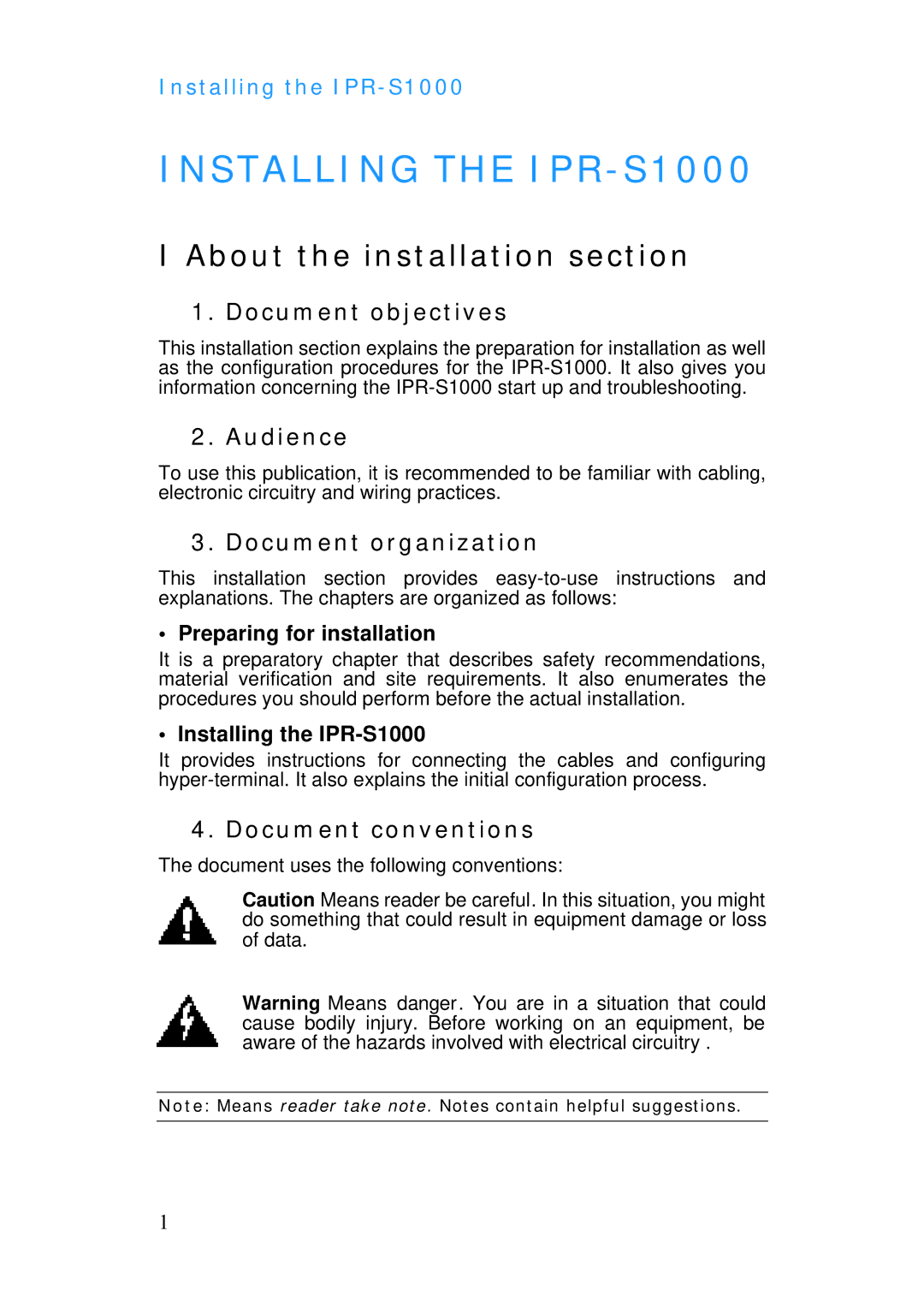 ADTRAN IPR-S1000 manual Document objectives, Audience, Document organization, Document conventions 