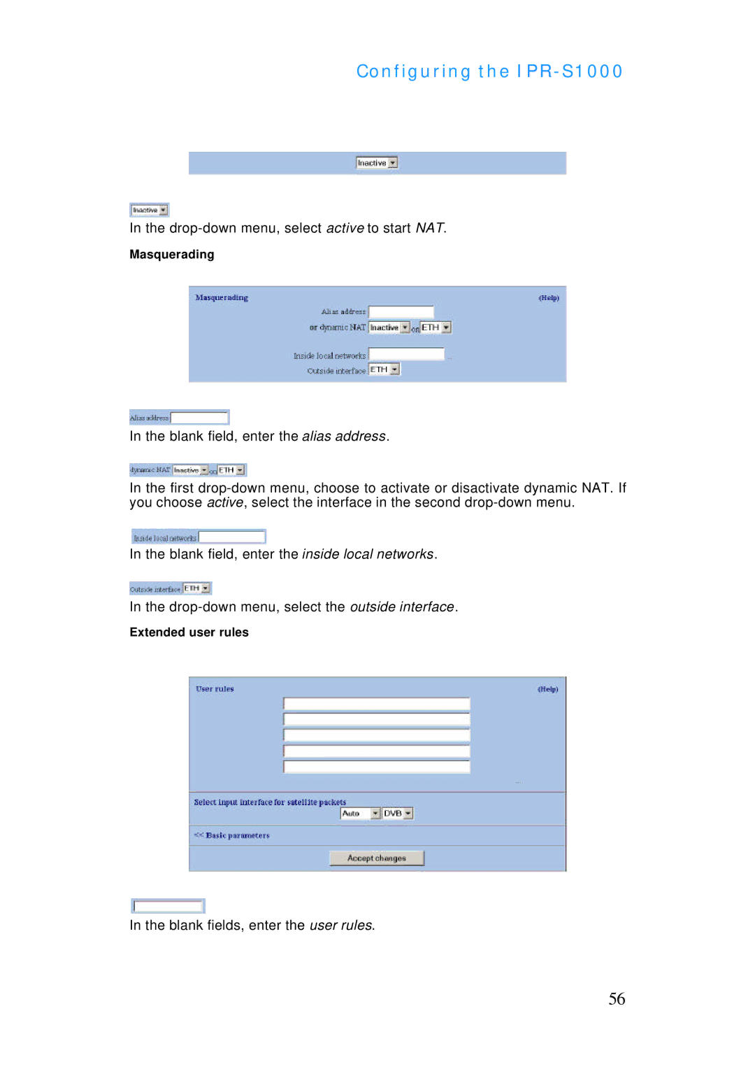 ADTRAN IPR-S1000 manual Drop-down menu, select active to start NAT 