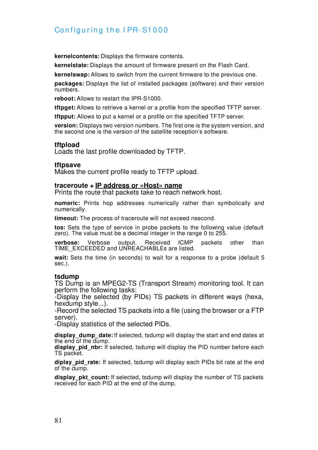 ADTRAN IPR-S1000 manual Tftpload, Tftpsave, Traceroute + IP address or «Host» name, Tsdump 