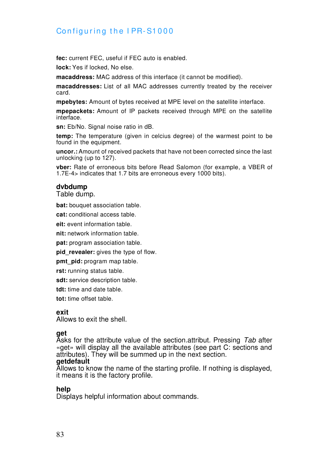 ADTRAN IPR-S1000 manual Dvbdump, Get 