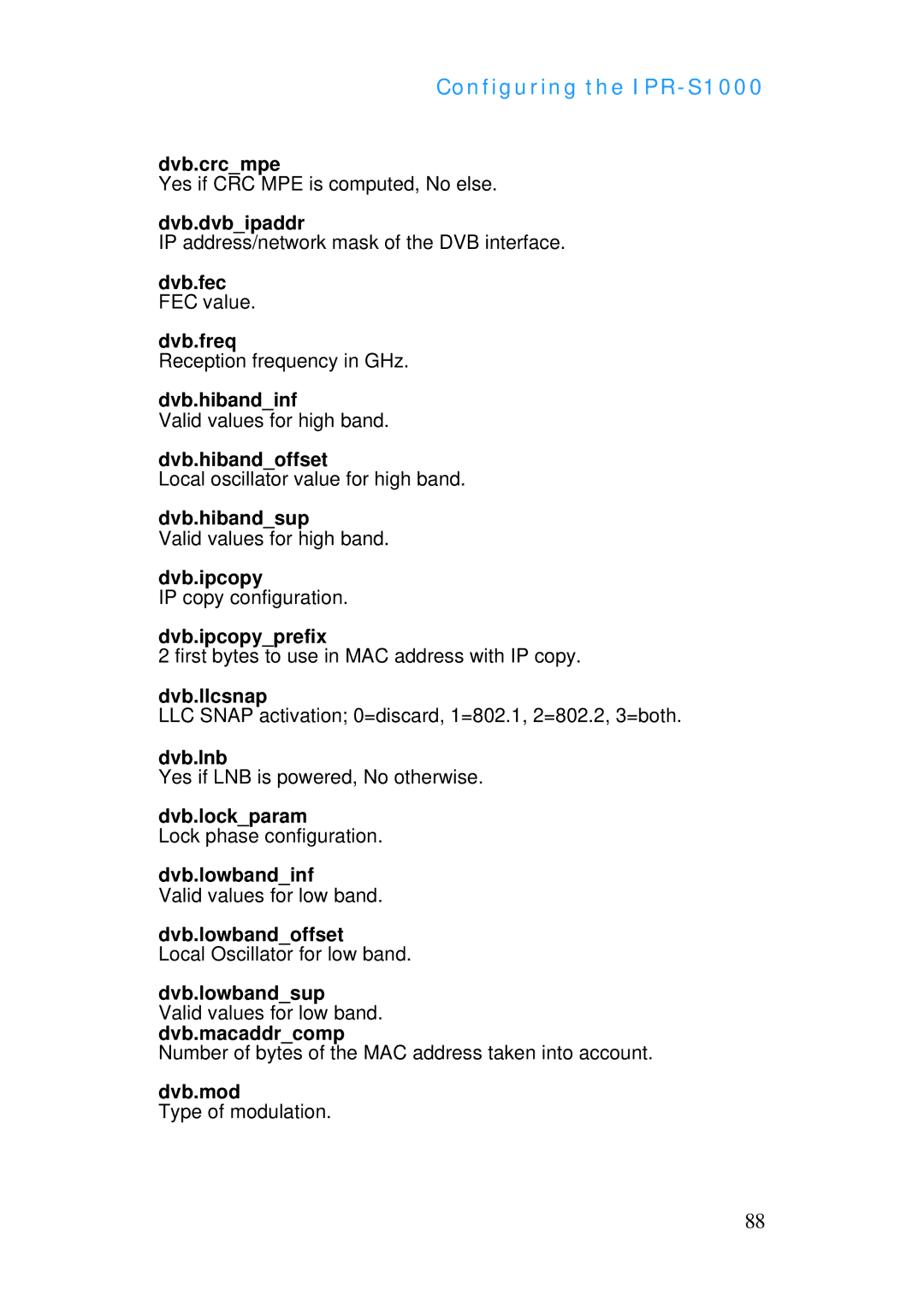 ADTRAN IPR-S1000 Dvb.crcmpe, Dvb.dvbipaddr, Dvb.fec, Dvb.freq, Dvb.hibandinf, Dvb.hibandoffset, Dvb.hibandsup, Dvb.ipcopy 