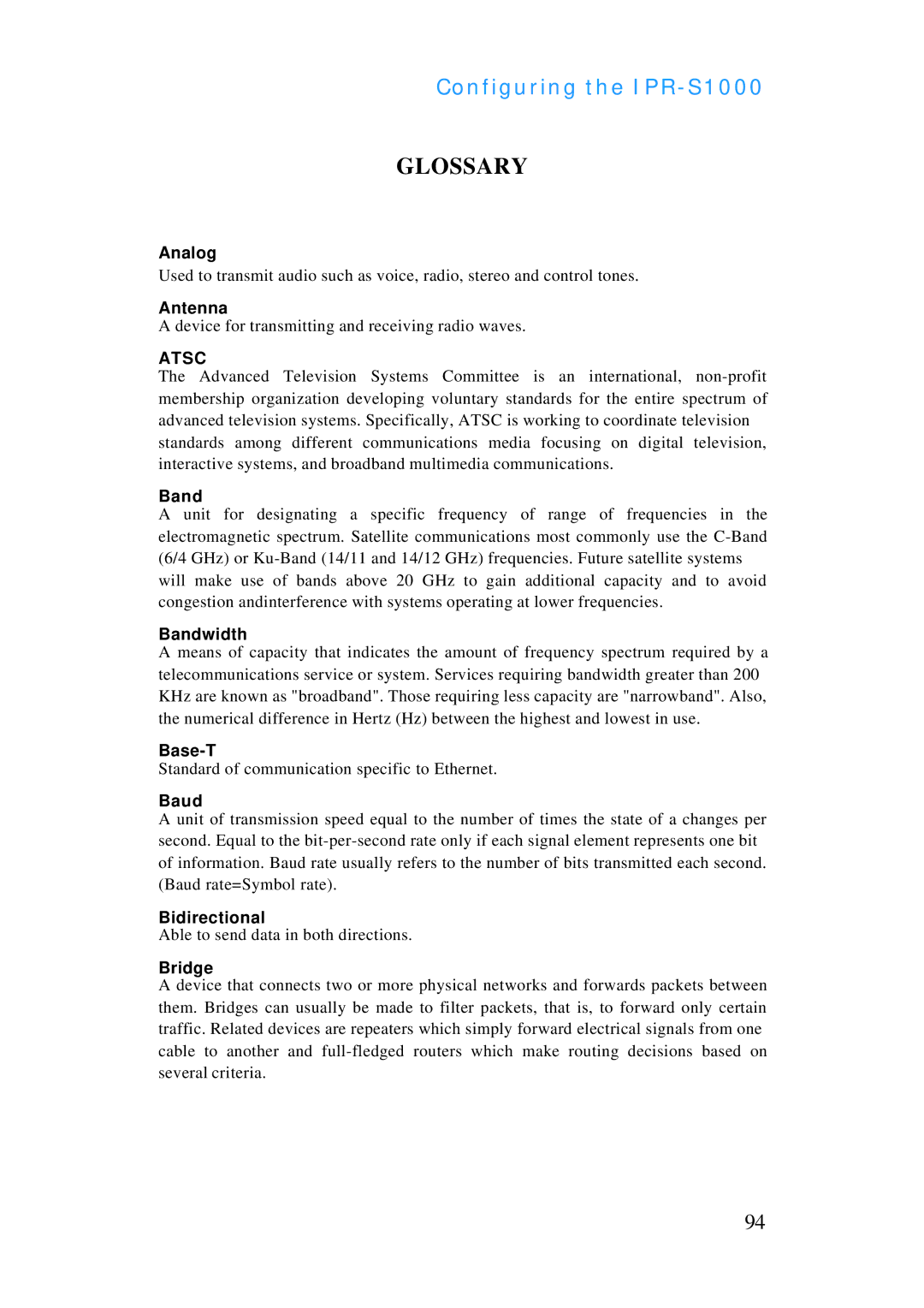 ADTRAN IPR-S1000 manual Glossary 