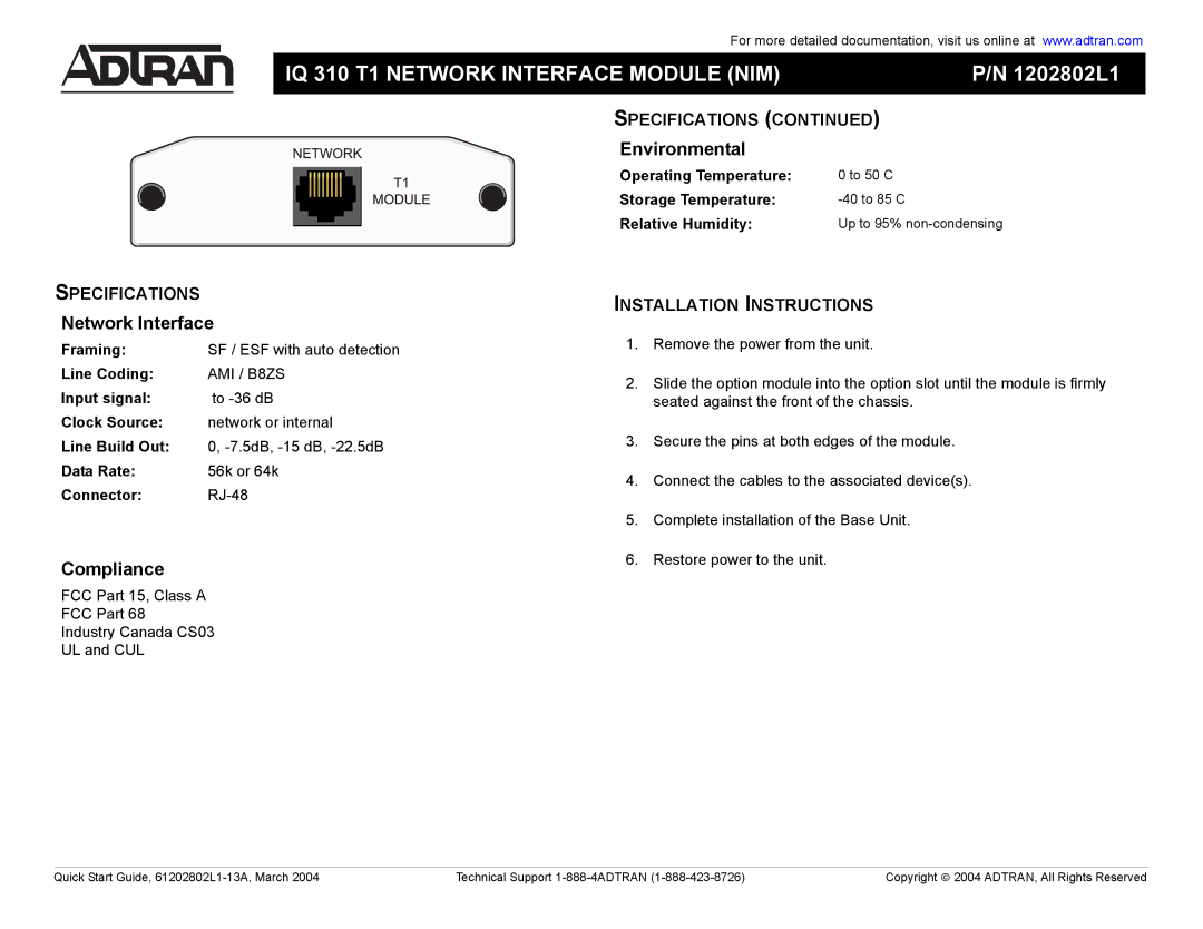 ADTRAN IQ 310 T1 NIM quick start IQ 310 T1 Network Interface Module NIM, 1202802L1, Environmental, Compliance 