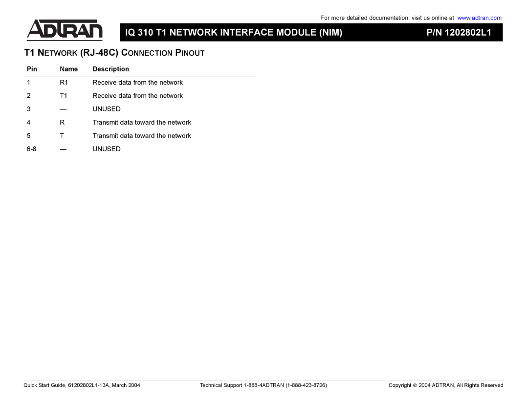 ADTRAN IQ 310 T1 NIM quick start T1 Network RJ-48C Connection Pinout, Pin Name Description 