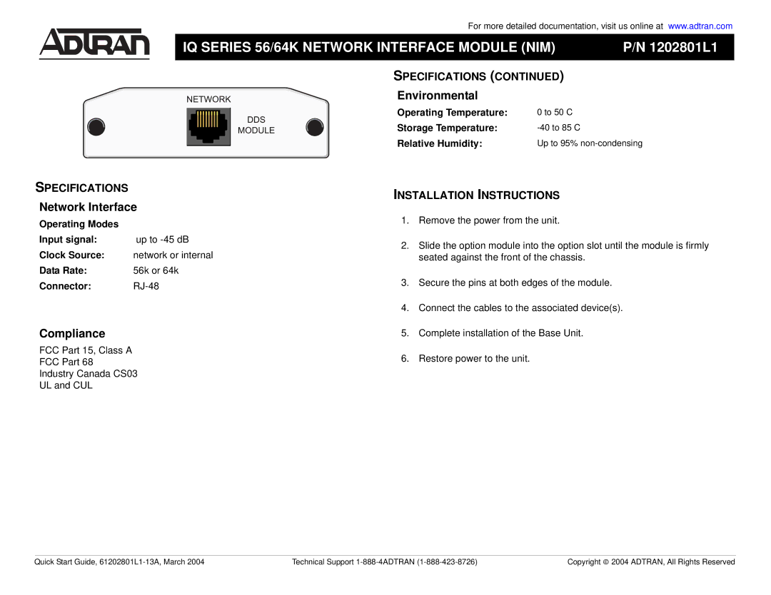 ADTRAN IQ SERIES 56 quick start IQ Series 56/64K Network Interface Module NIM, 1202801L1, Environmental, Compliance 