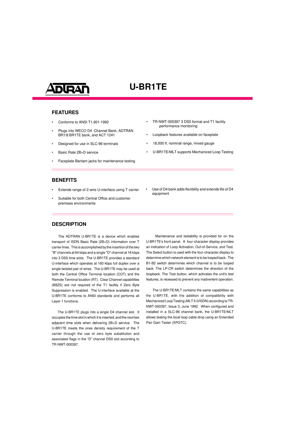 ADTRAN ISDN 2B1Q manual Features, Benefits, Description 