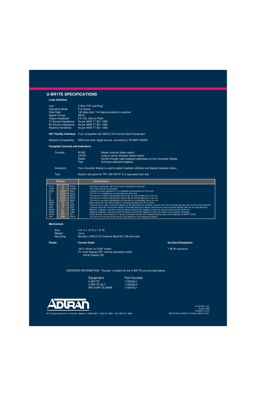 ADTRAN ISDN 2B1Q manual BR1TE Specifications 