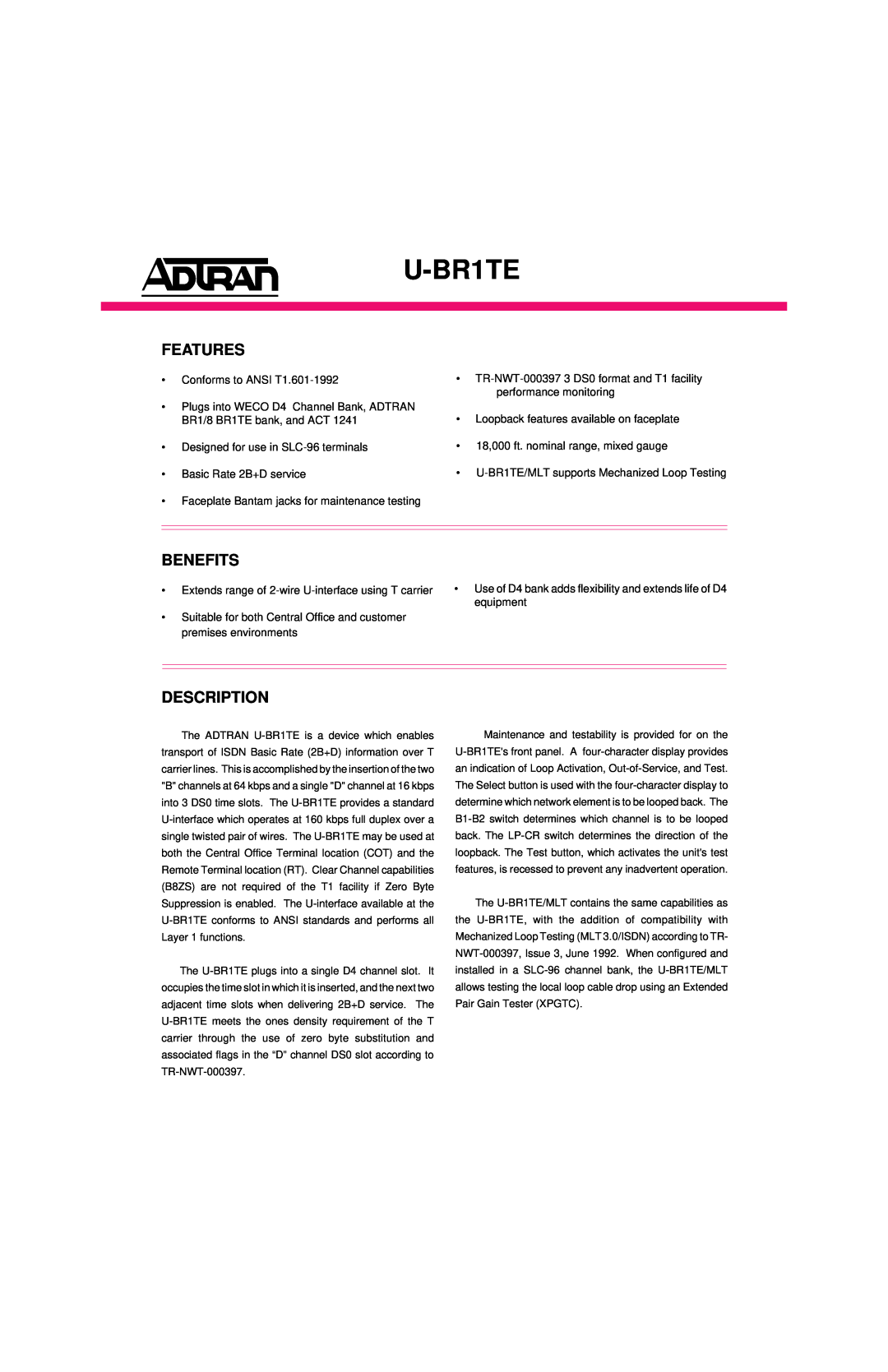ADTRAN ISDN 2B1Q manual Features, Benefits, Description, U-BR1TE 